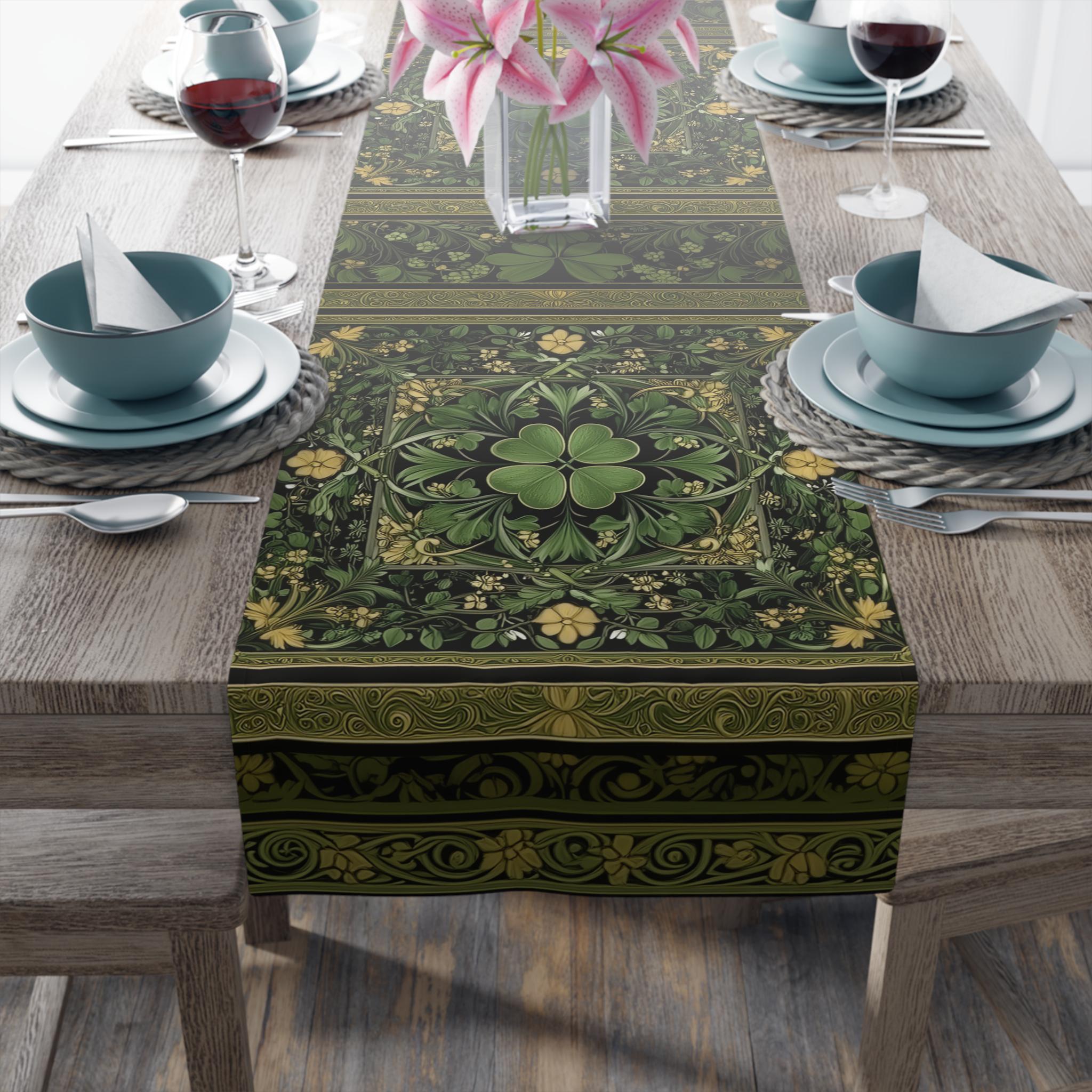 Celtic Clover Botanical Table Runner: William Morris Inspired Green Tapestry