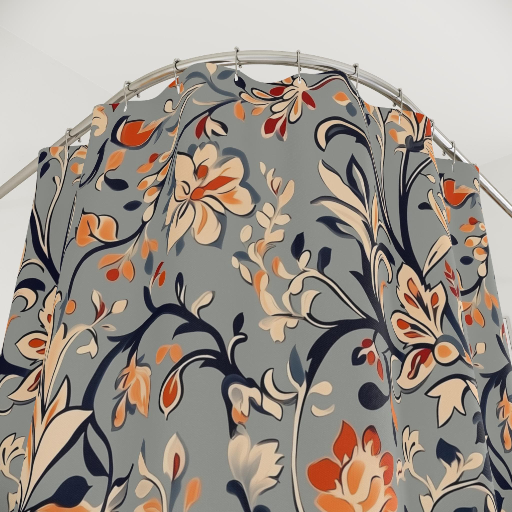 Vintage-Inspired Floral Shower Curtain: Warm Autumn Botanicals on Dusty Blue Background