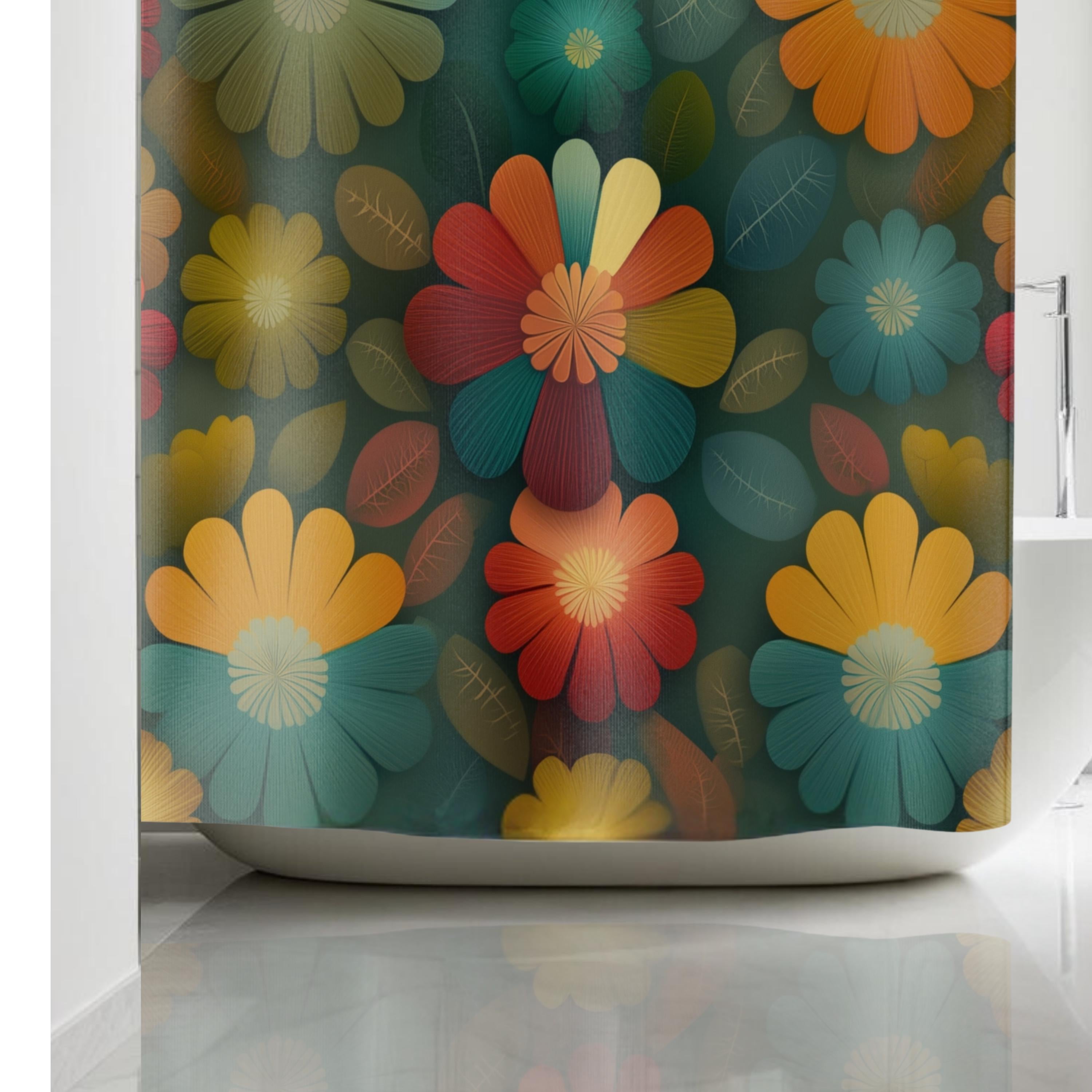Retro Botanical Shower Curtain: Boho Floral Fabric in Teal, Mustard, and Terracotta