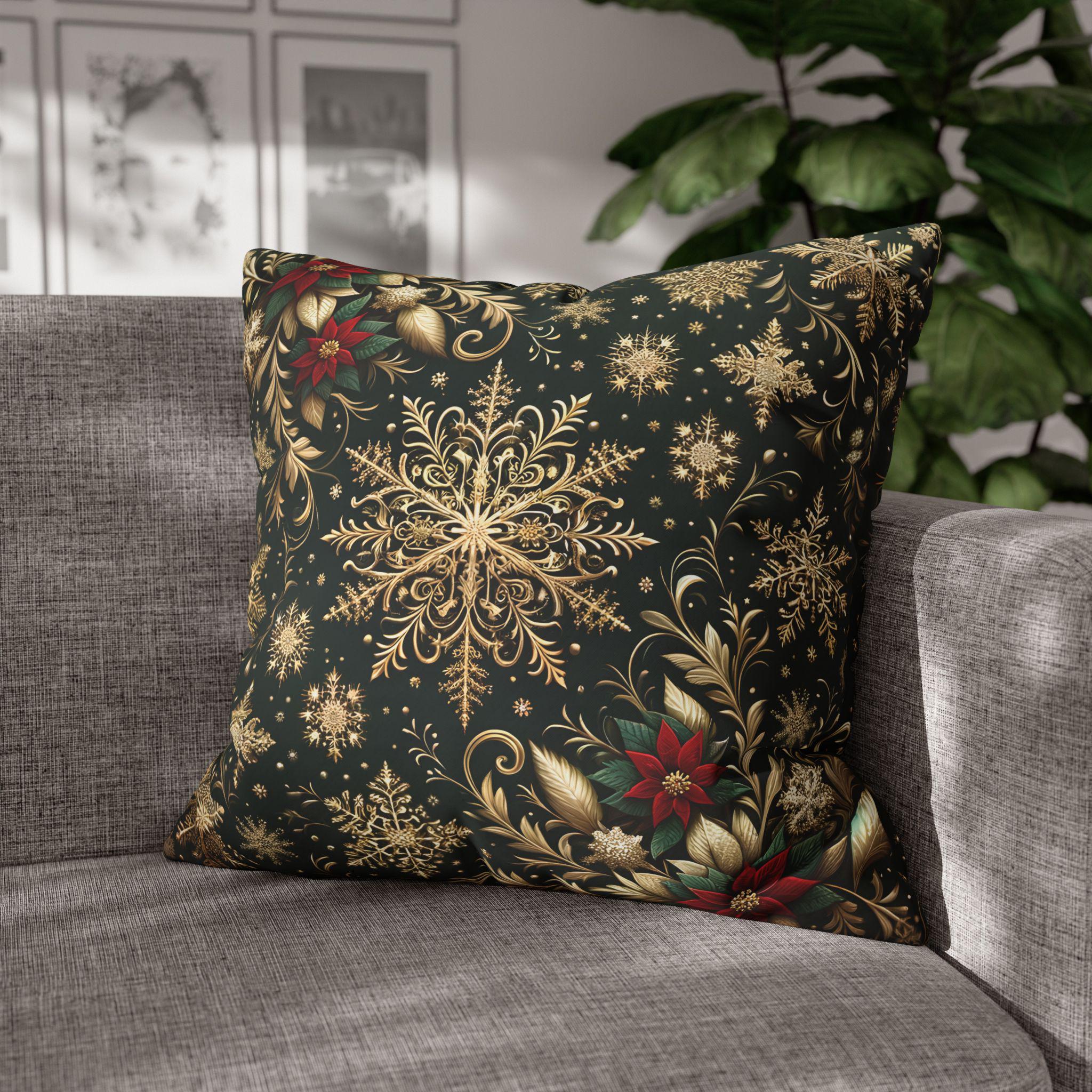 Elegant Emerald Poinsettia & Snowflake Euro Sham: Festive Holiday Pillow Cover (24x24, 26x26)