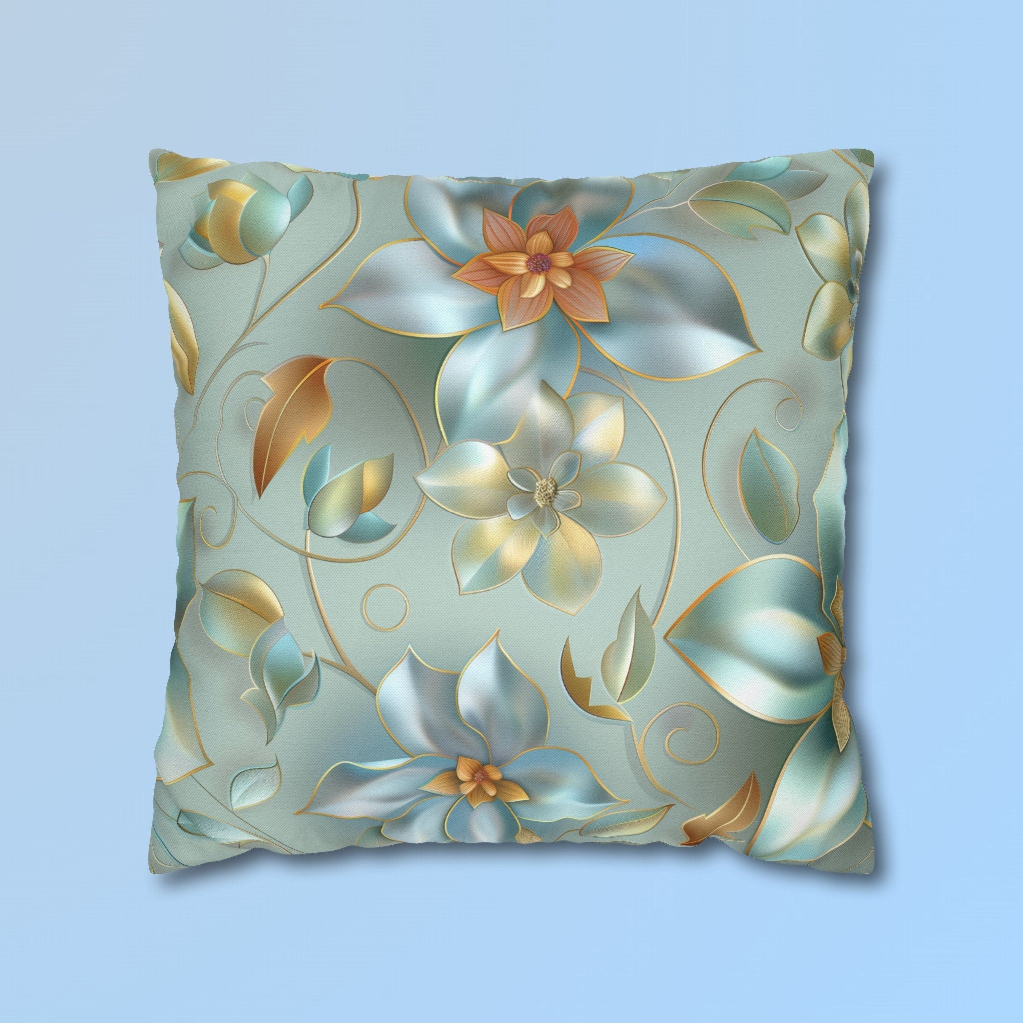 Floral Pillow Cover: Muted Teal Blue, Gold Magnolia Design