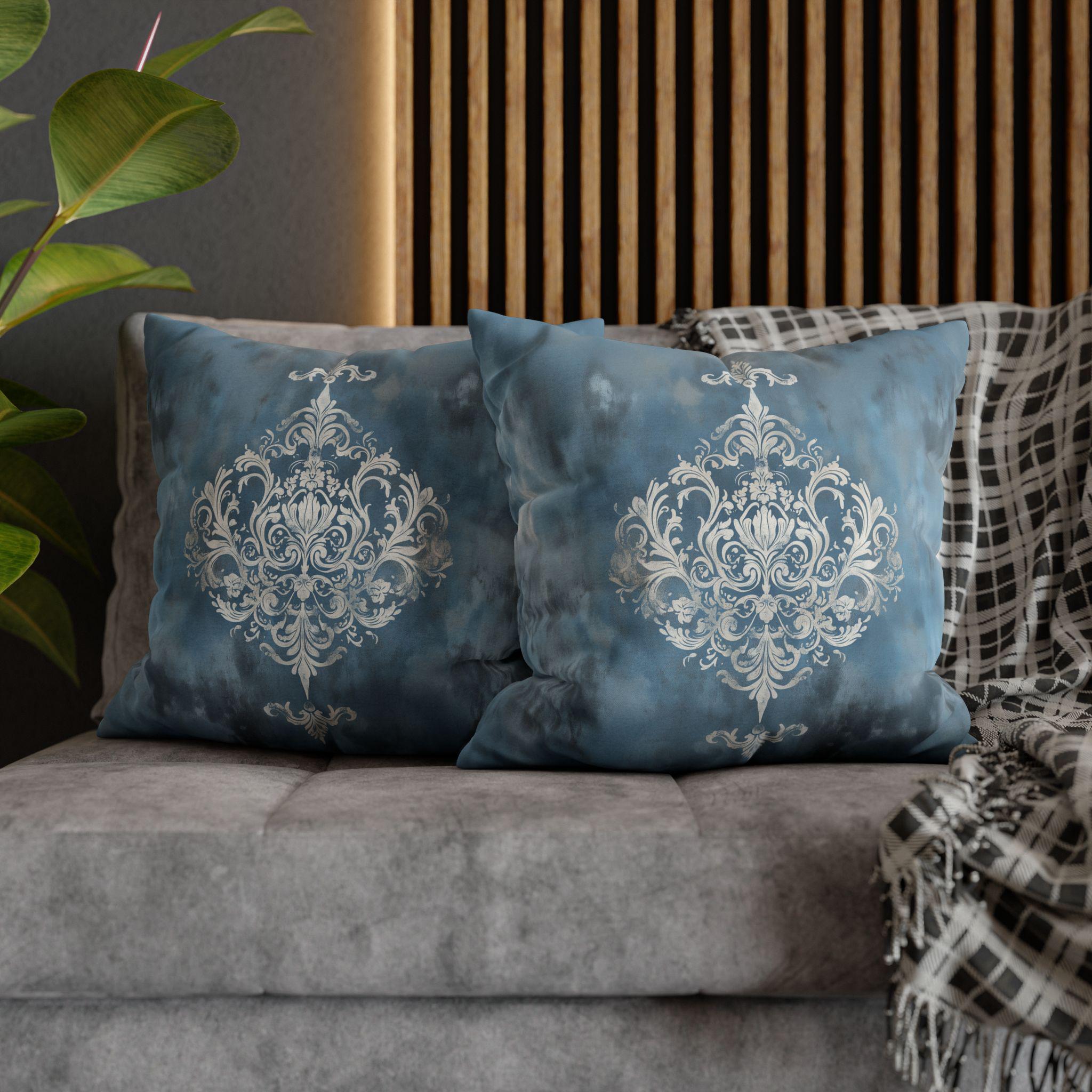Silvery White Damask Pillow Cover: Blue-Gray Vintage Accent
