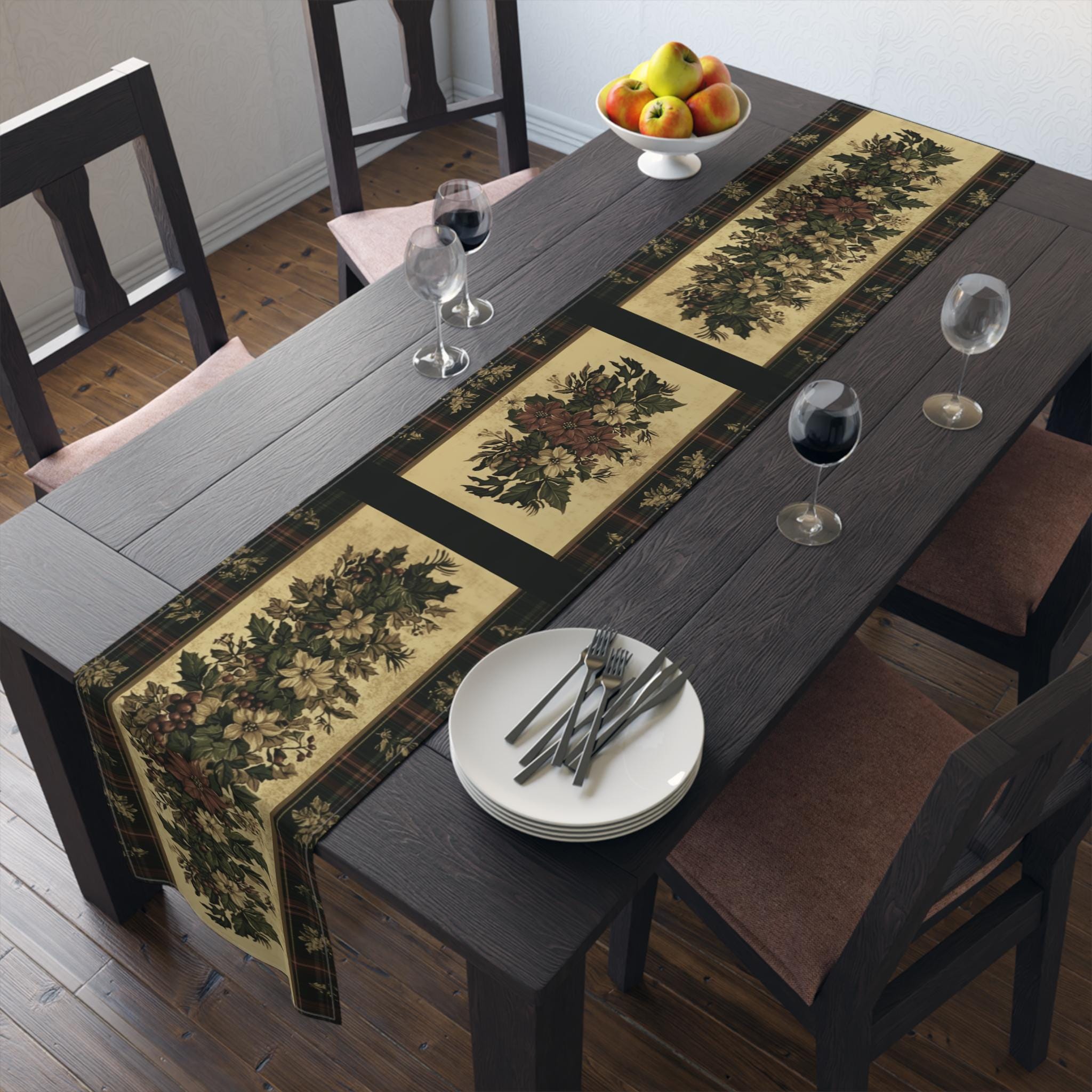 Plaid Botanical Stripes Christmas Table Runner: Vintage Style with Poinsettias and Holly