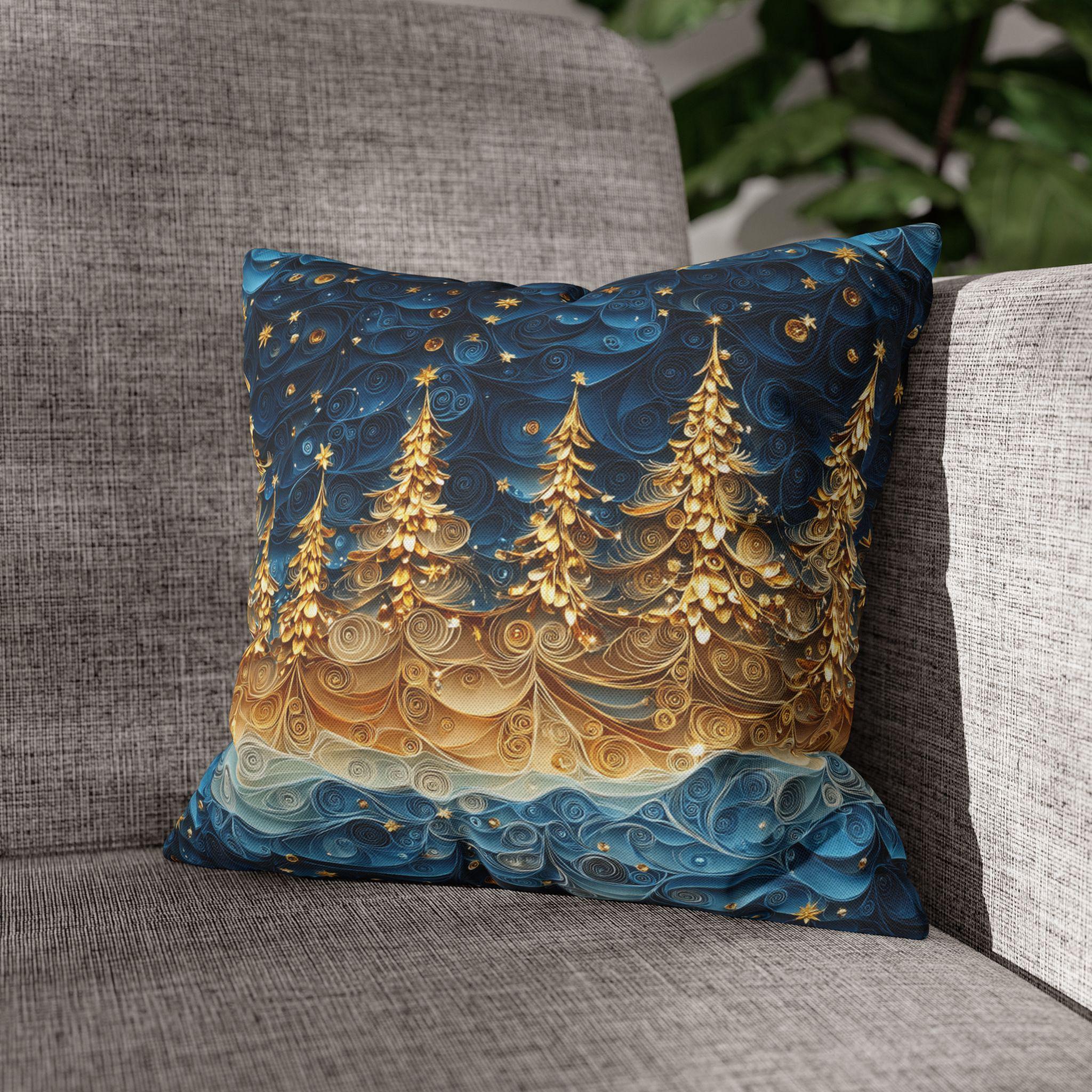 A Stary Night Christmas Pillow Cover, Paper Quilling-Inspired Design, Golden Trees Under a Winters night sky