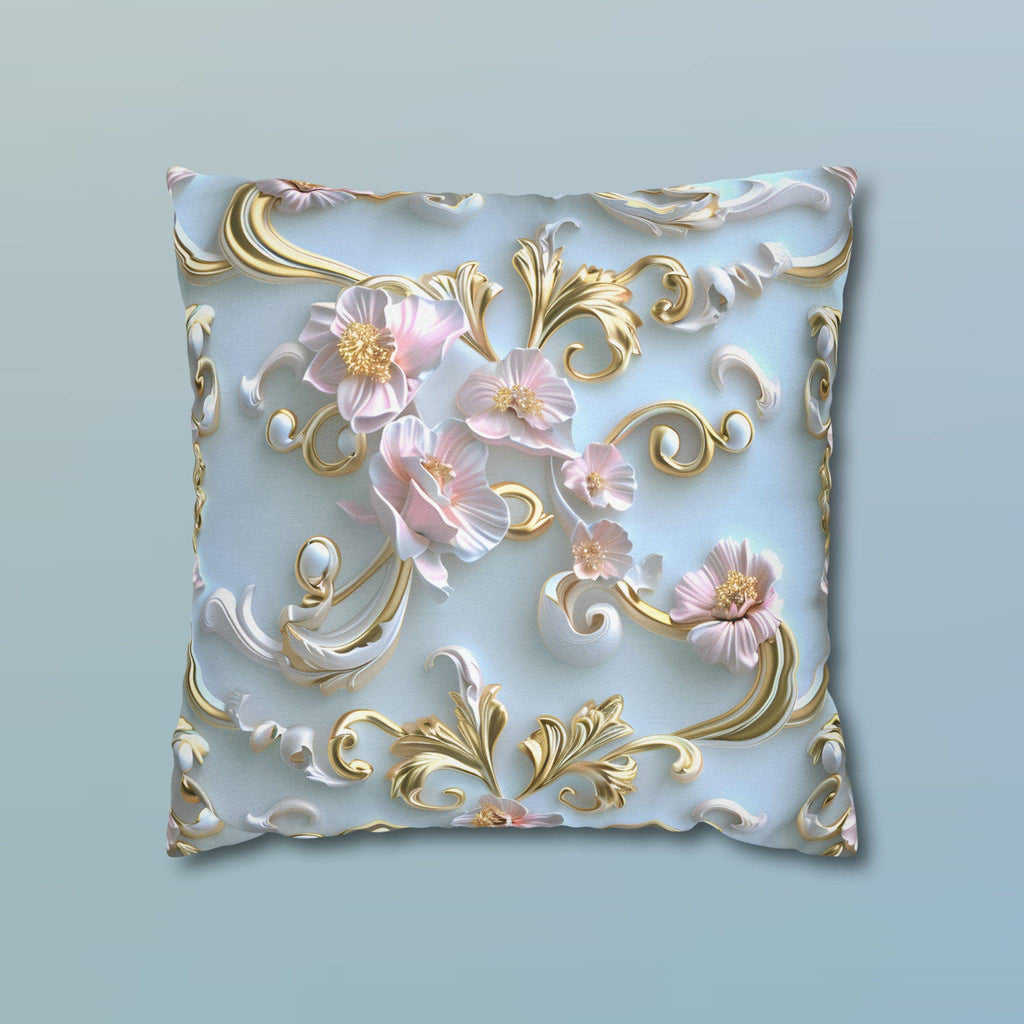 Rococo Coquette Pillow Cover: Pink Flowers, Gold Accents