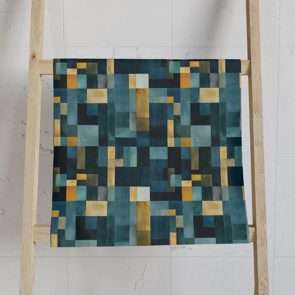 Geometric Abstract Hand Towel: Blue & Earthy Tones, Modern Rustic Decor, Hand-painted Effect
