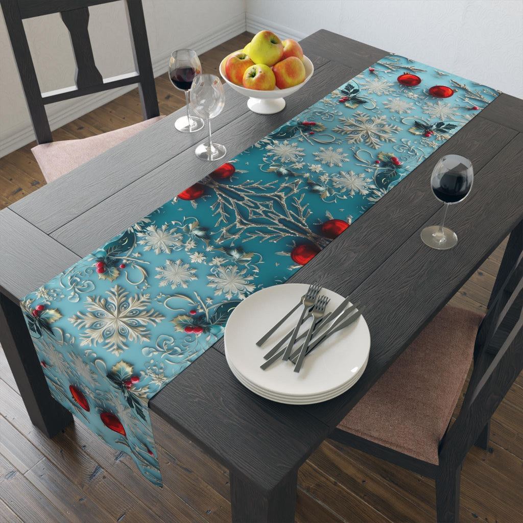 Winter Wonderland Table Runner Blue Aqua & Red Christmas Dining Holiday Centerpiece Festive Design