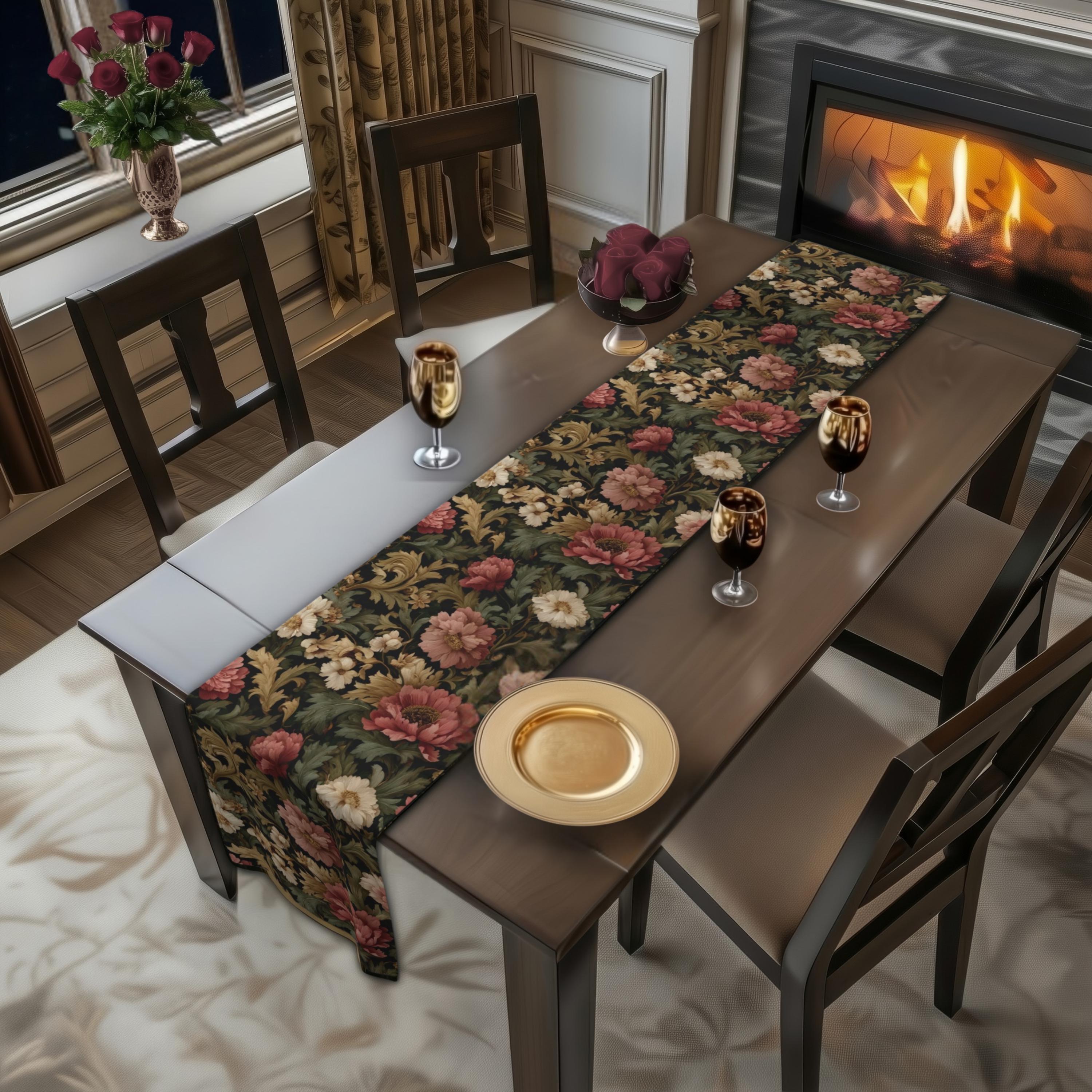 Dusty Rose & Ivory Victorian Table Runner:  William Morris Dark Cottagecore Moody Blooms