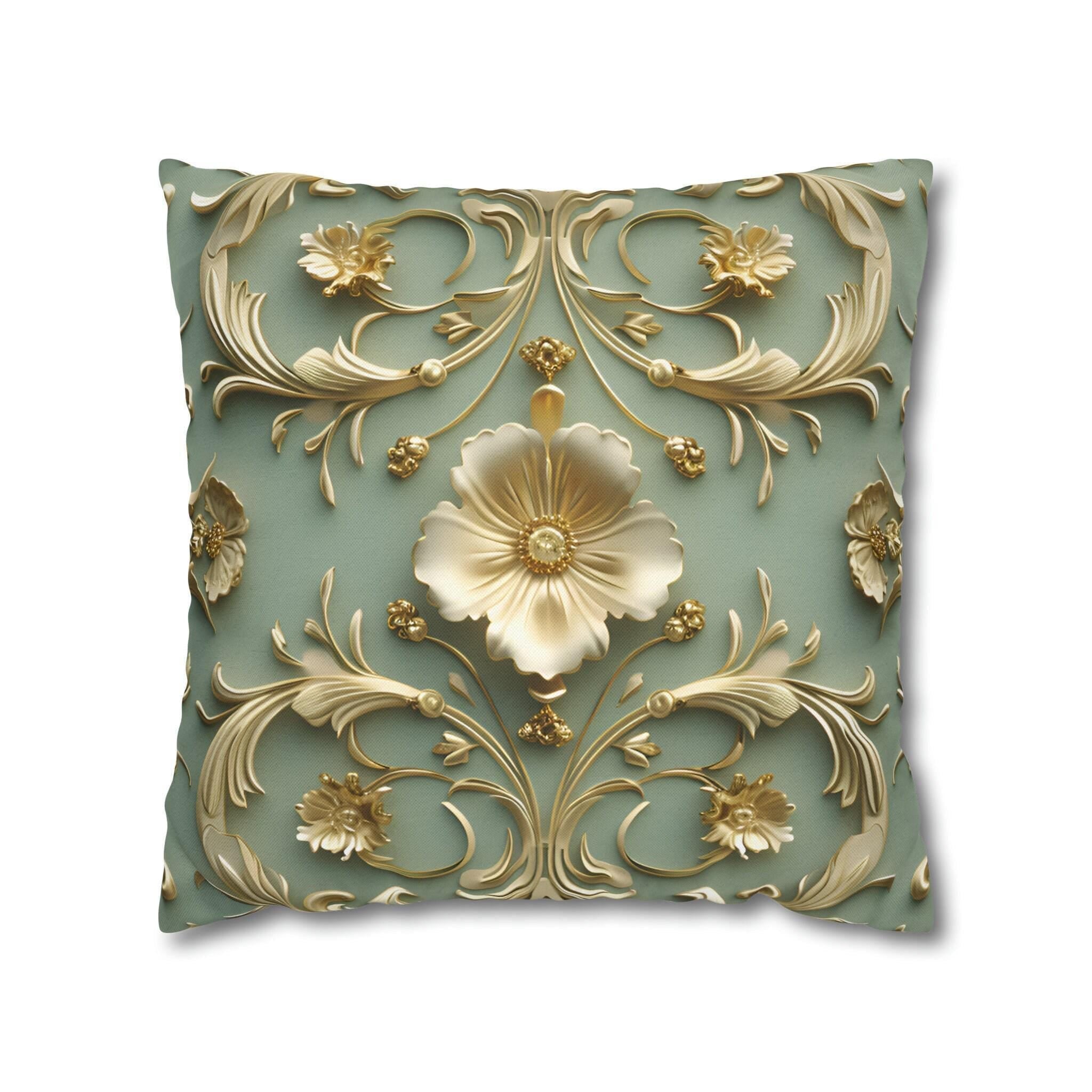Elegant French Floral 3D Pillow Cover: Teal Blue & Gold Intricate Design for Classical Decor