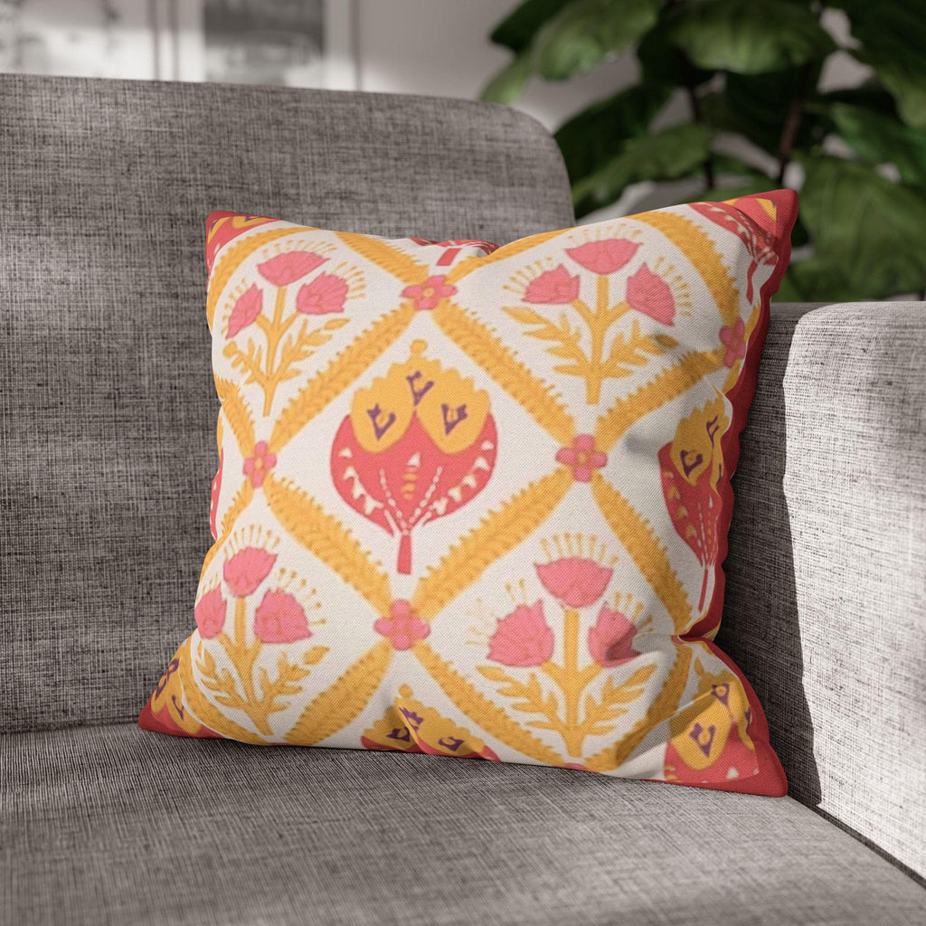 Reversible Floral Pillowcase: Pink & Coral Blossoms with Diamond Lattice - Decorative Home Accent Gift