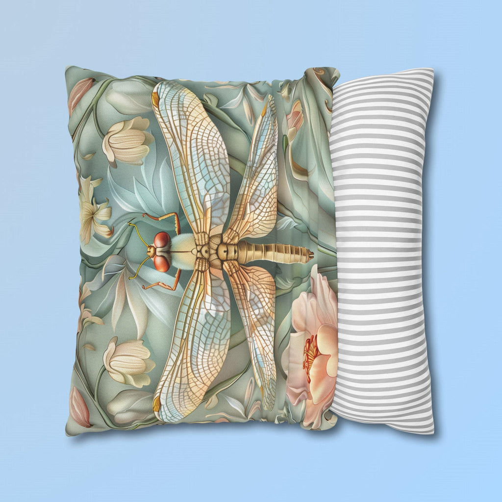 William Morris Inspired Dragonfly Pillow Cover: Elegant Blue, Gold & Pink Nature Design Gift