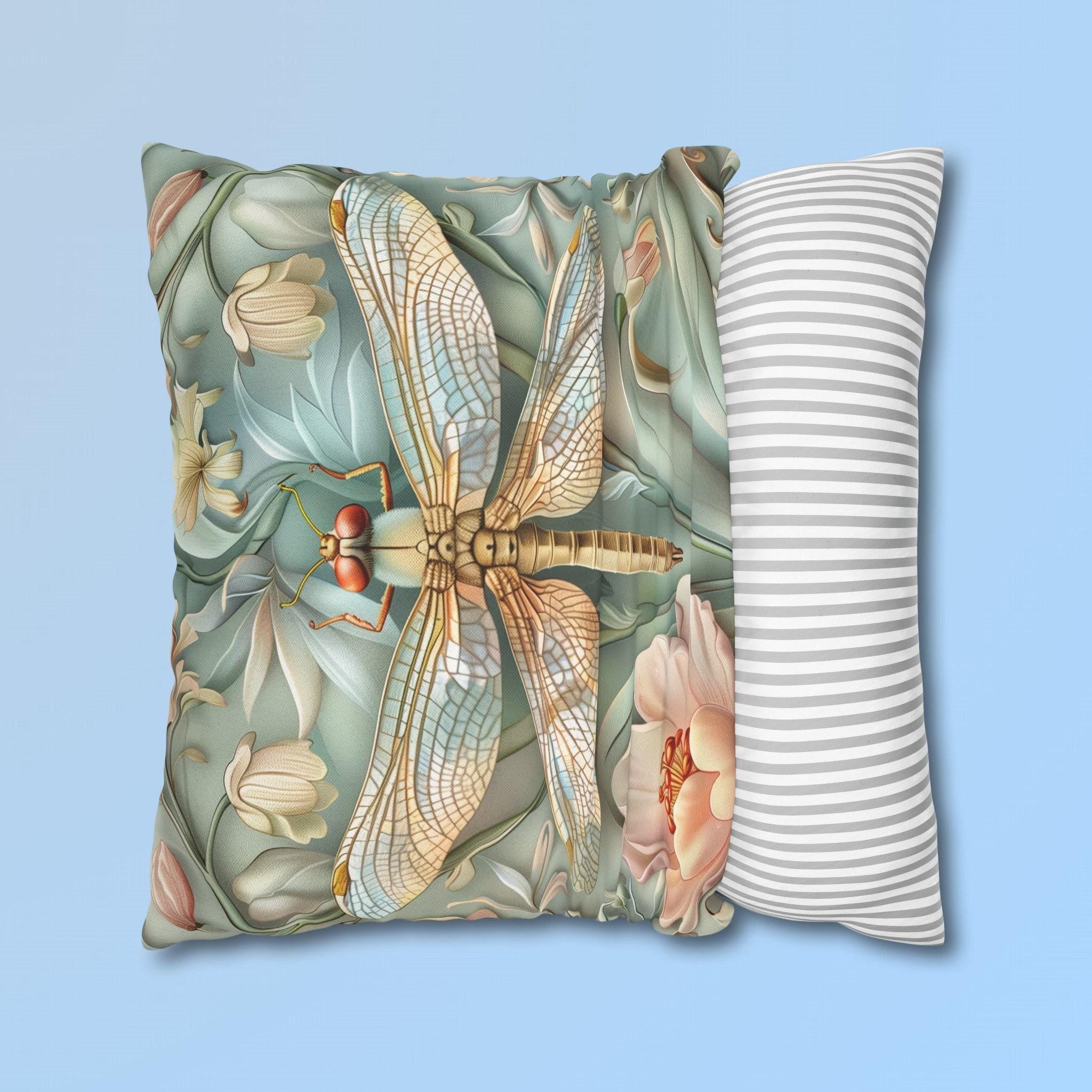 William Morris Inspired Dragonfly Pillow Cover: Elegant Blue, Gold & Pink Nature Design Gift