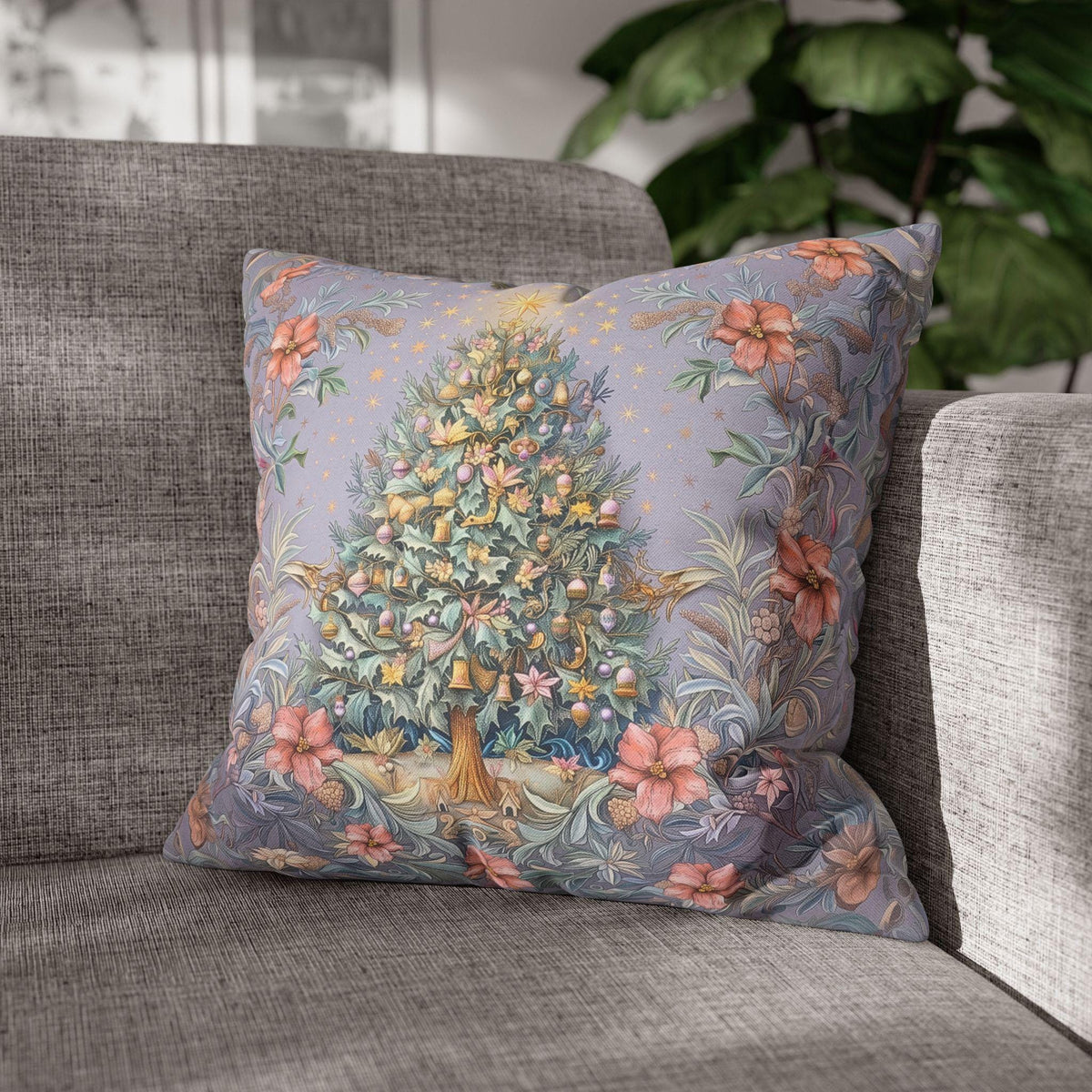 William Morris Christmas Pillow Cover: Frosted Pastel Tree, Lilac and Pink Botanical Holiday