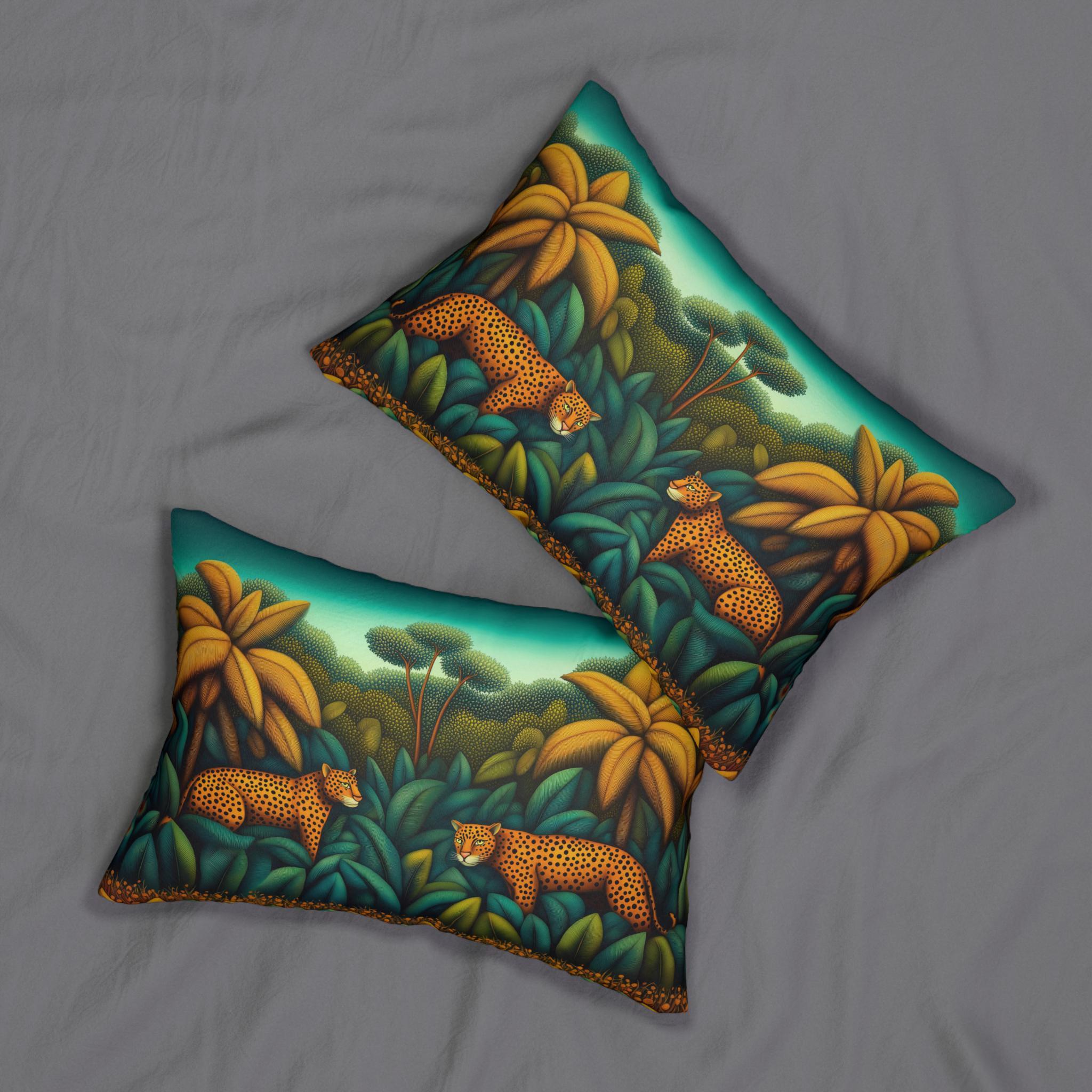 Jaguar Jungle Safari Lumbar Pillow: Tropical Botanical Animal Decor