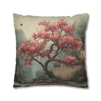 Chinoiserie Watercolor Pillow Cover: Pink Blossom Tree with Misty Temple Landscape Scene