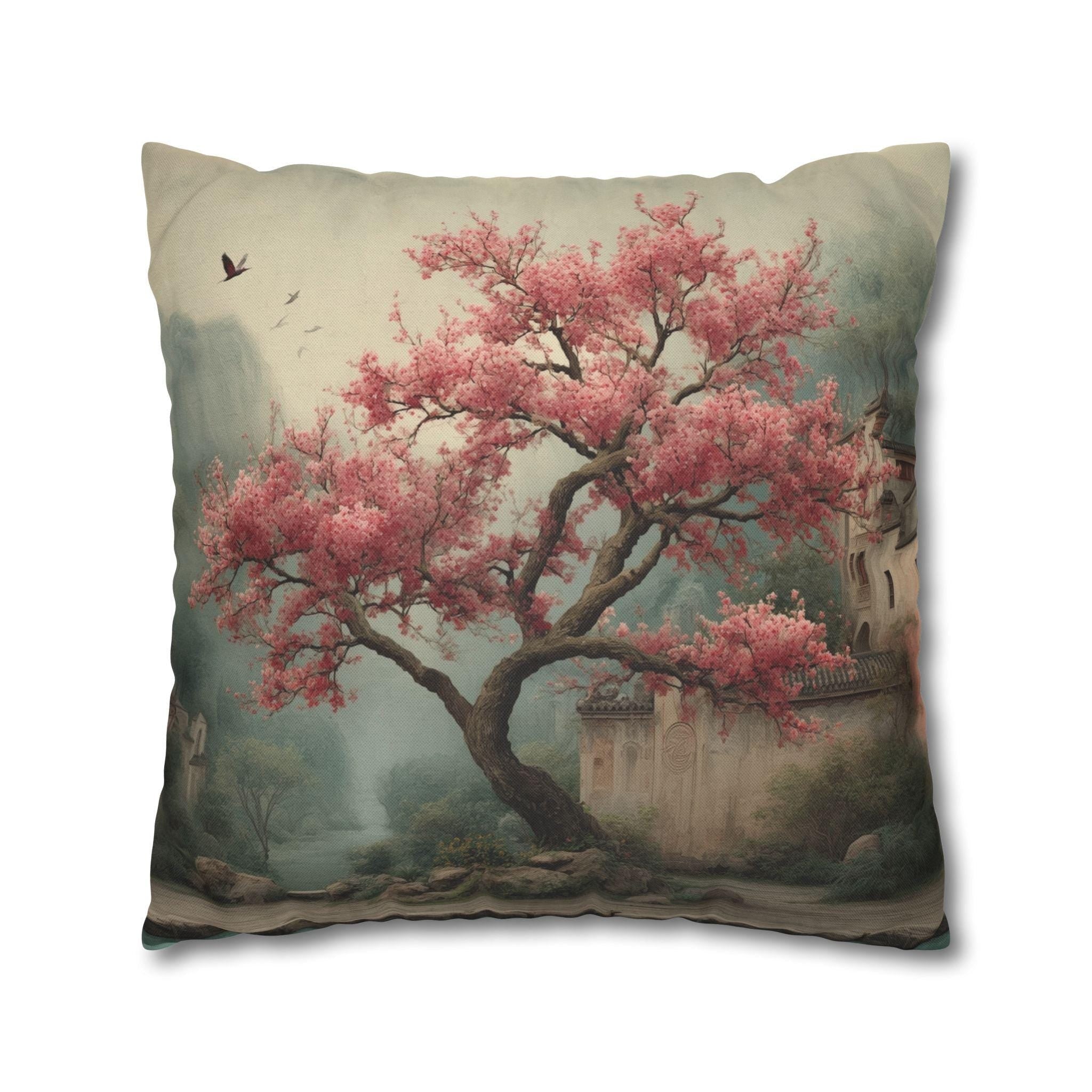 Chinoiserie Watercolor Pillow Cover: Pink Blossom Tree with Misty Temple Landscape Scene