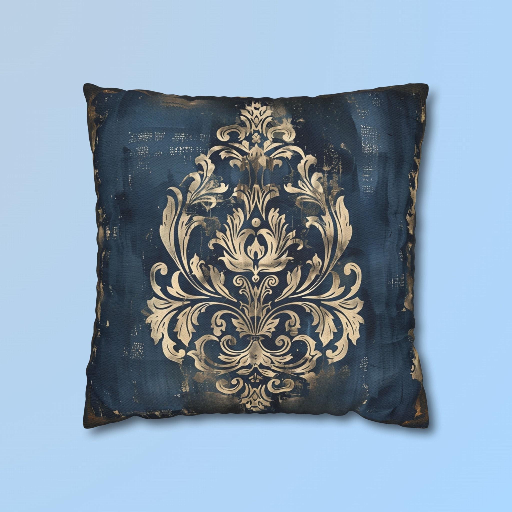 Navy Blue Damask Throw Pillow Cover: Vintage Style Gold Accent
