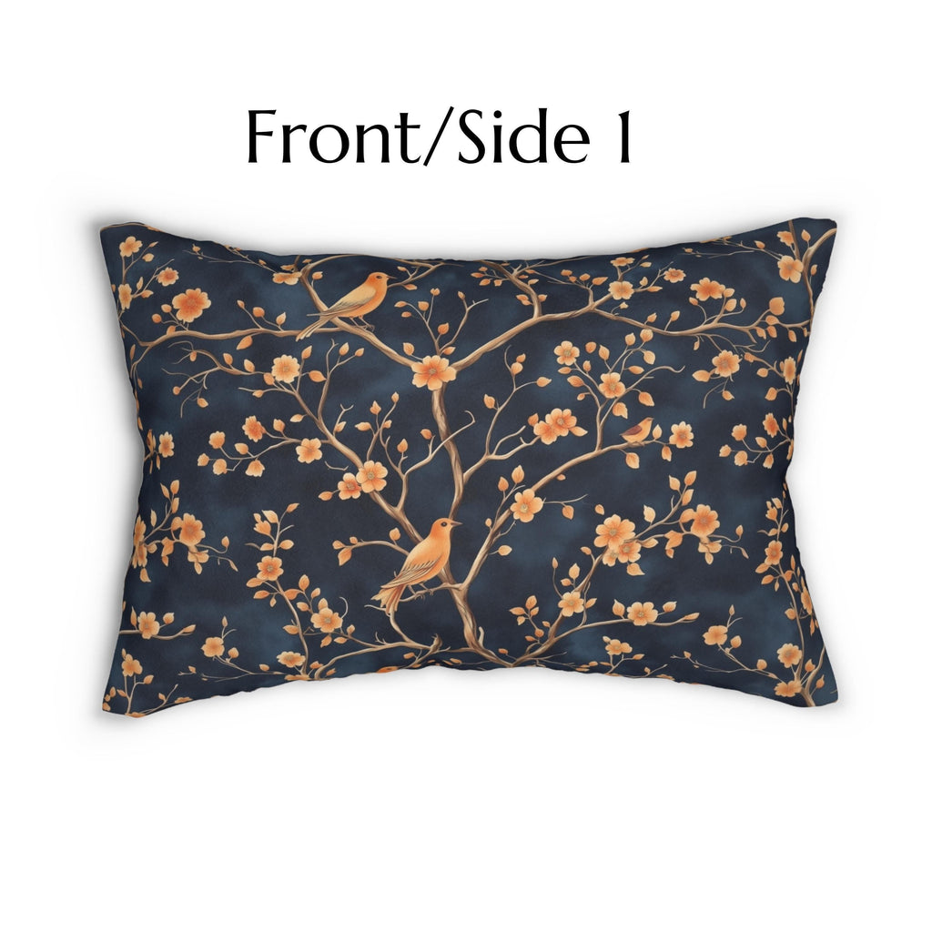 Chinoiserie Bird Blossom Lumbar Pillow: Peach & Chestnut on Navy Blue
