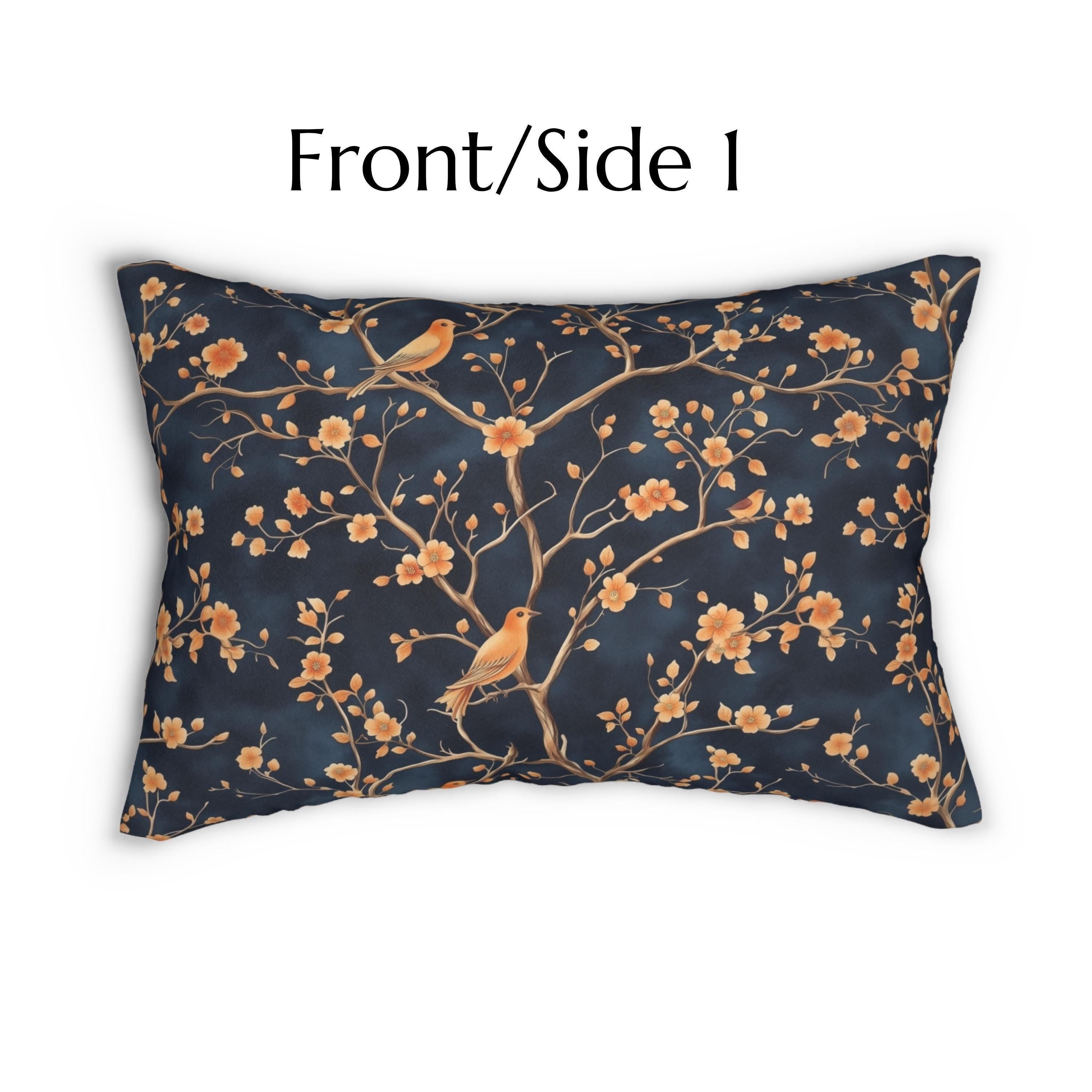 Chinoiserie Bird Blossom Lumbar Pillow: Peach & Chestnut on Navy Blue