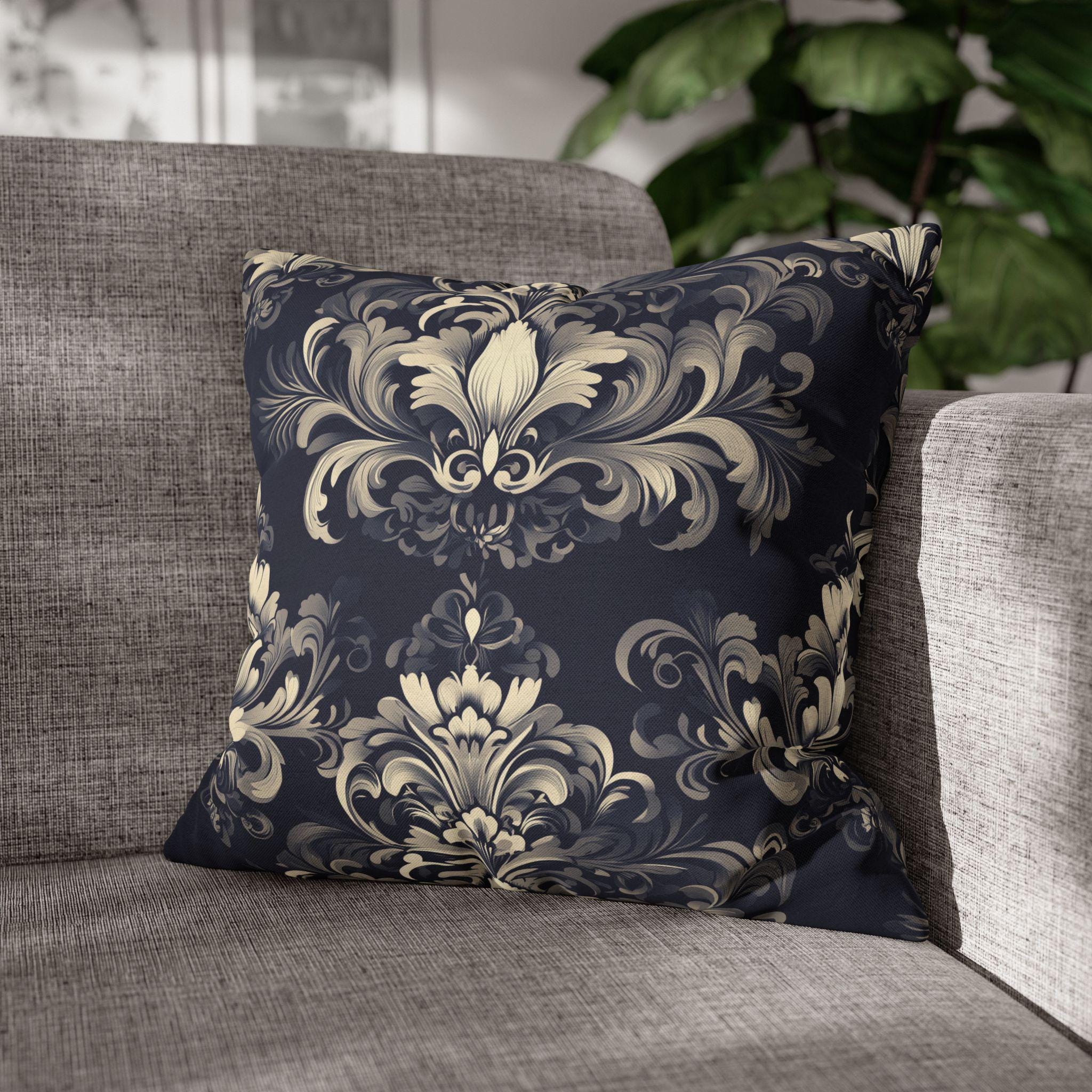 Damask Inspired Pillow Cover, Opulent Floral Scroll Motif, Luxury Ivory & Blue Square Pillowcase