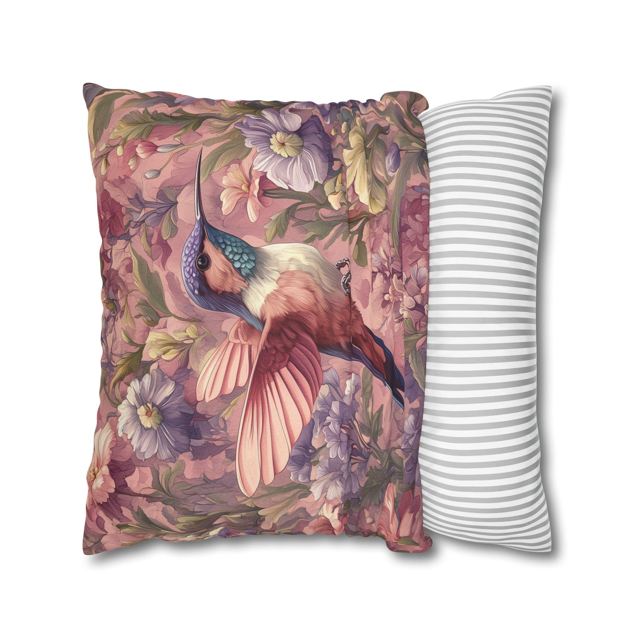 Vintage Style Blush Hummingbird Pillow Cover: William Morris Pink Botanical Floral Cushion Accent