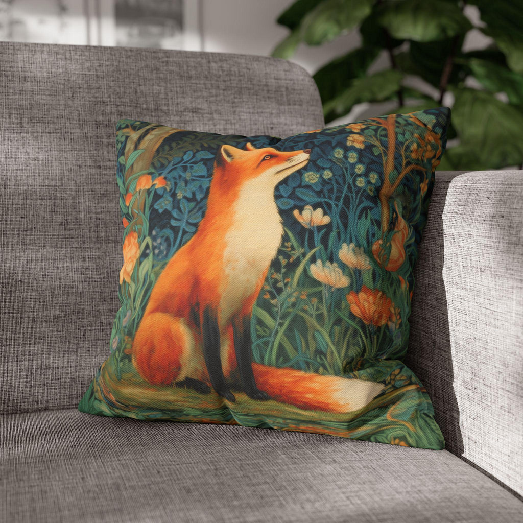Morris-Inspired Red Fox Botanical Pillow Cover: Vintage Style Moody Woodland Blooms