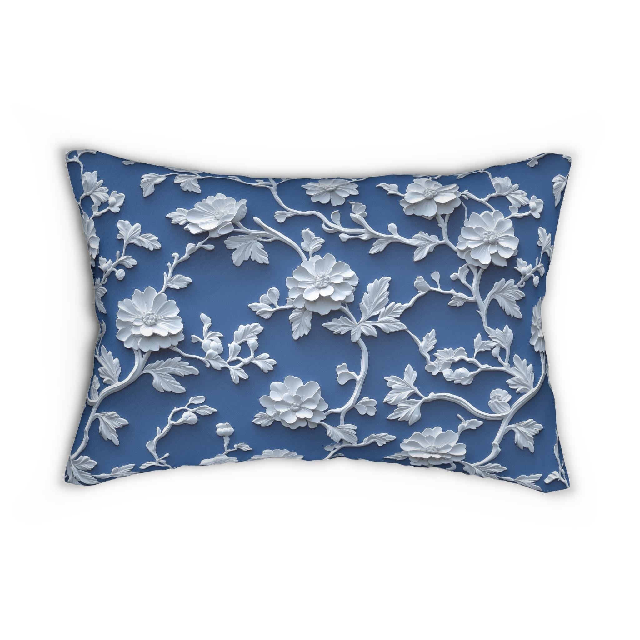 Chinoiserie Lumbar Pillow: Blue and White Floral Home Accent