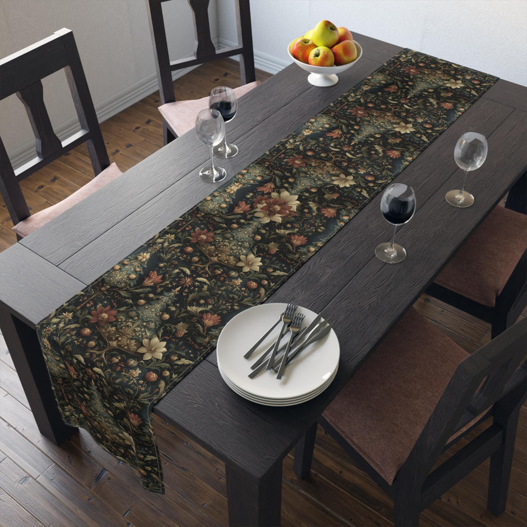 Intricate Christmas Table Runner: William Morris Holiday Botanical Pattern, Dark Red & Gold