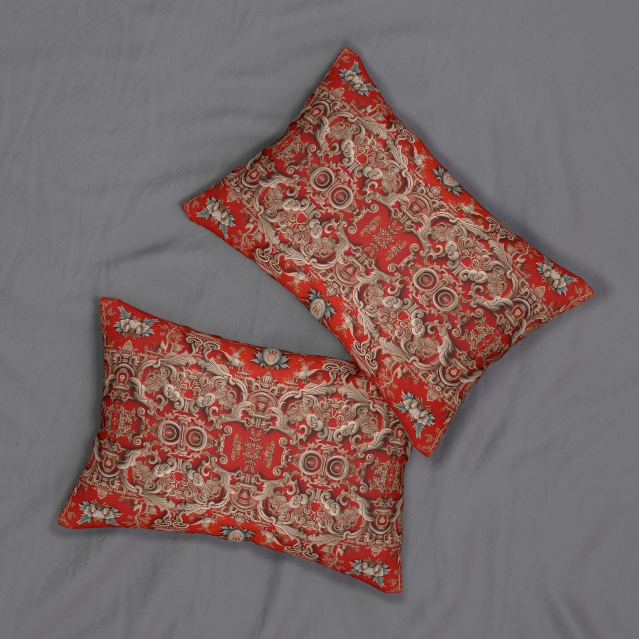 Chinoiserie Lumbar Pillow, Red Floral Oriental Decor, Vintage Style Throw Pillow