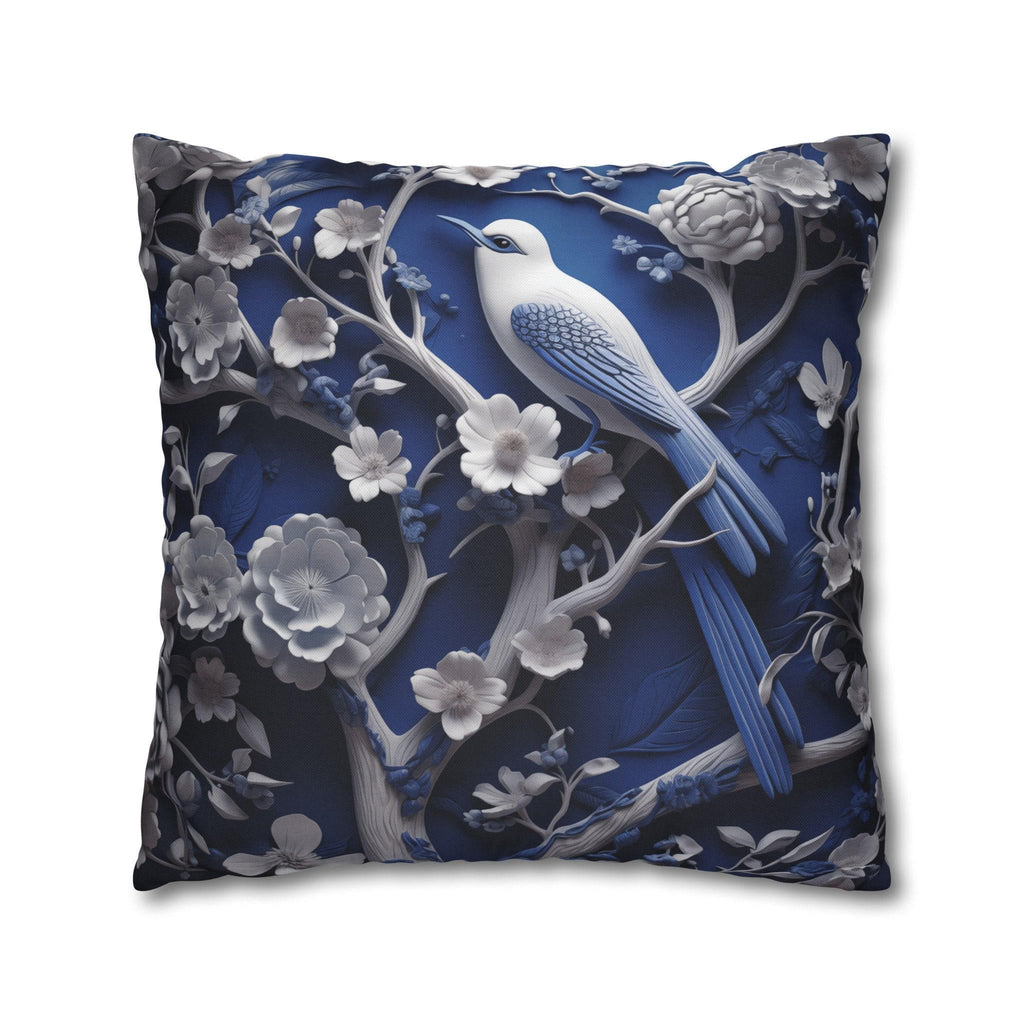 Elegant Chinoiserie Blue Bird Pillow Cover: Porcelain-Inspired White Blossom Home Decor Cushion