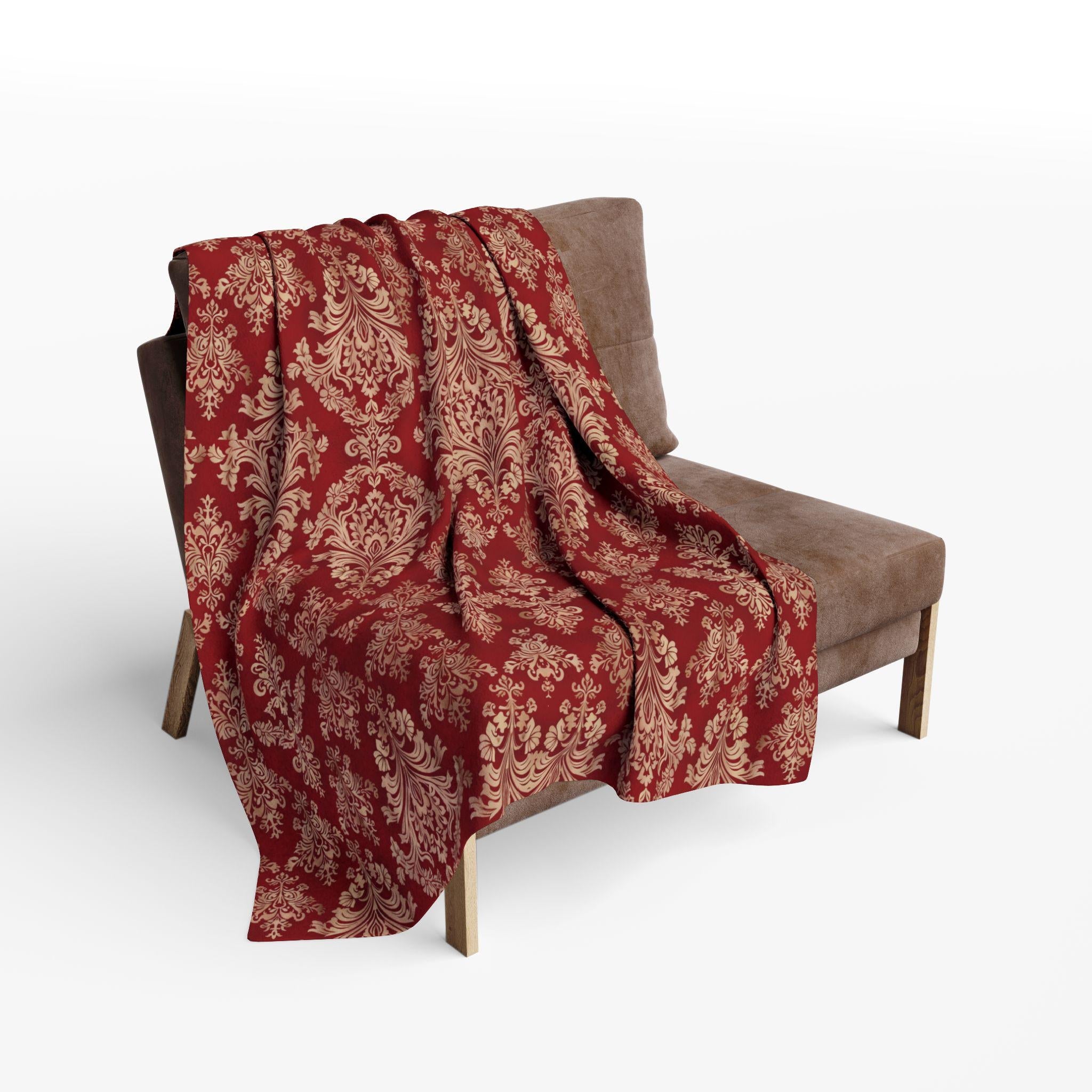 Red & Pale Gold Damask Fleece Throw: Elegant Opulent Bedding