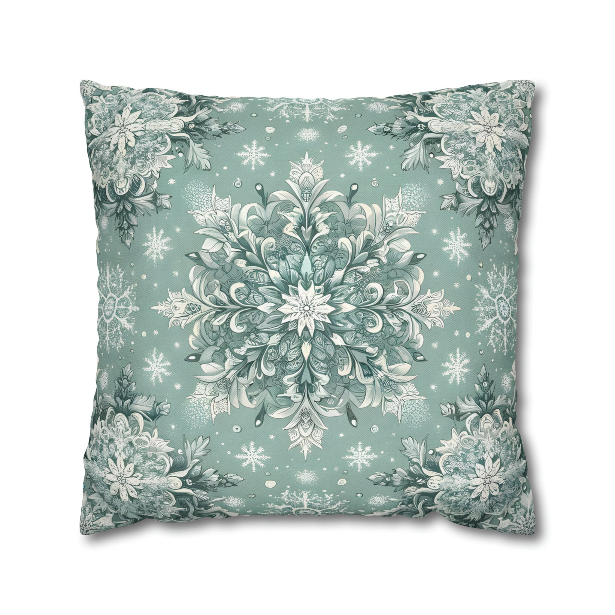 Vintage-Inspired Frosty Mint Snowflake Pillow Cover: Elegant Winter Home Decor with Intricate Design