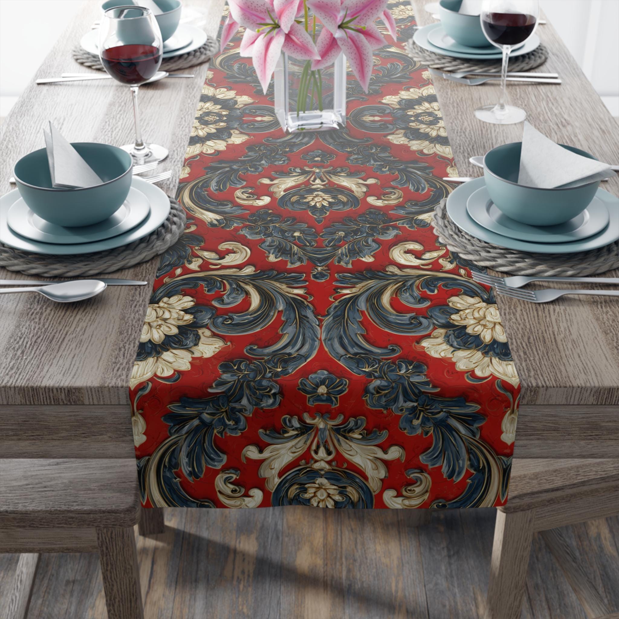 Quietly Patriotic Table Runner: Elegant Americana Scroll Design