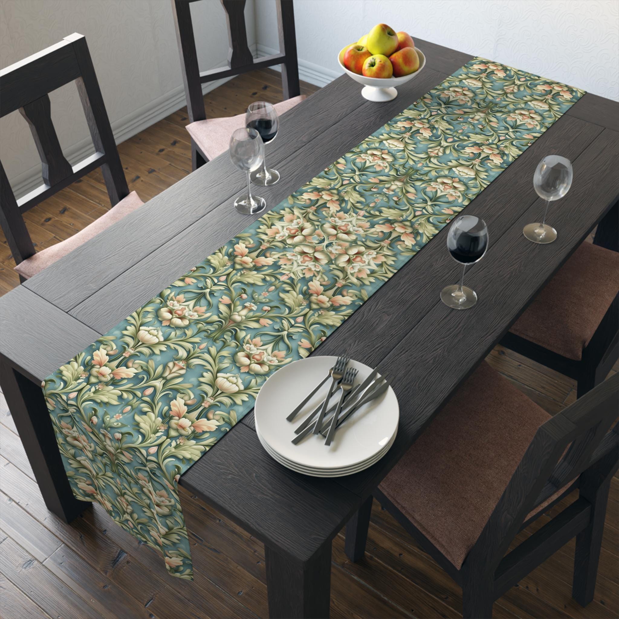 William Morris Table Runner: Vintage Style Botanical Teal Decor