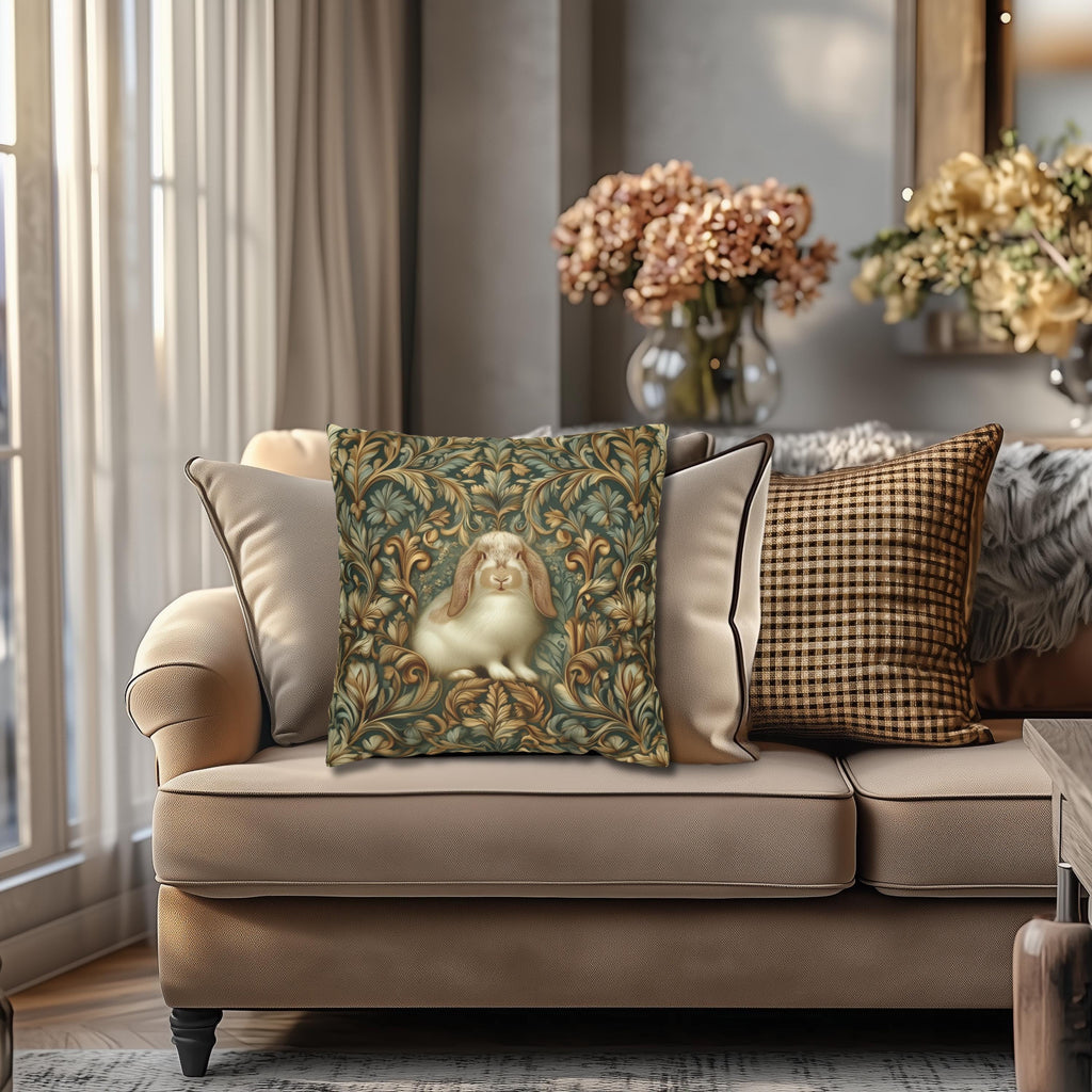 William Morris Woodland Botanical Pillow Cover: American Fuzzy Lop Rabbit