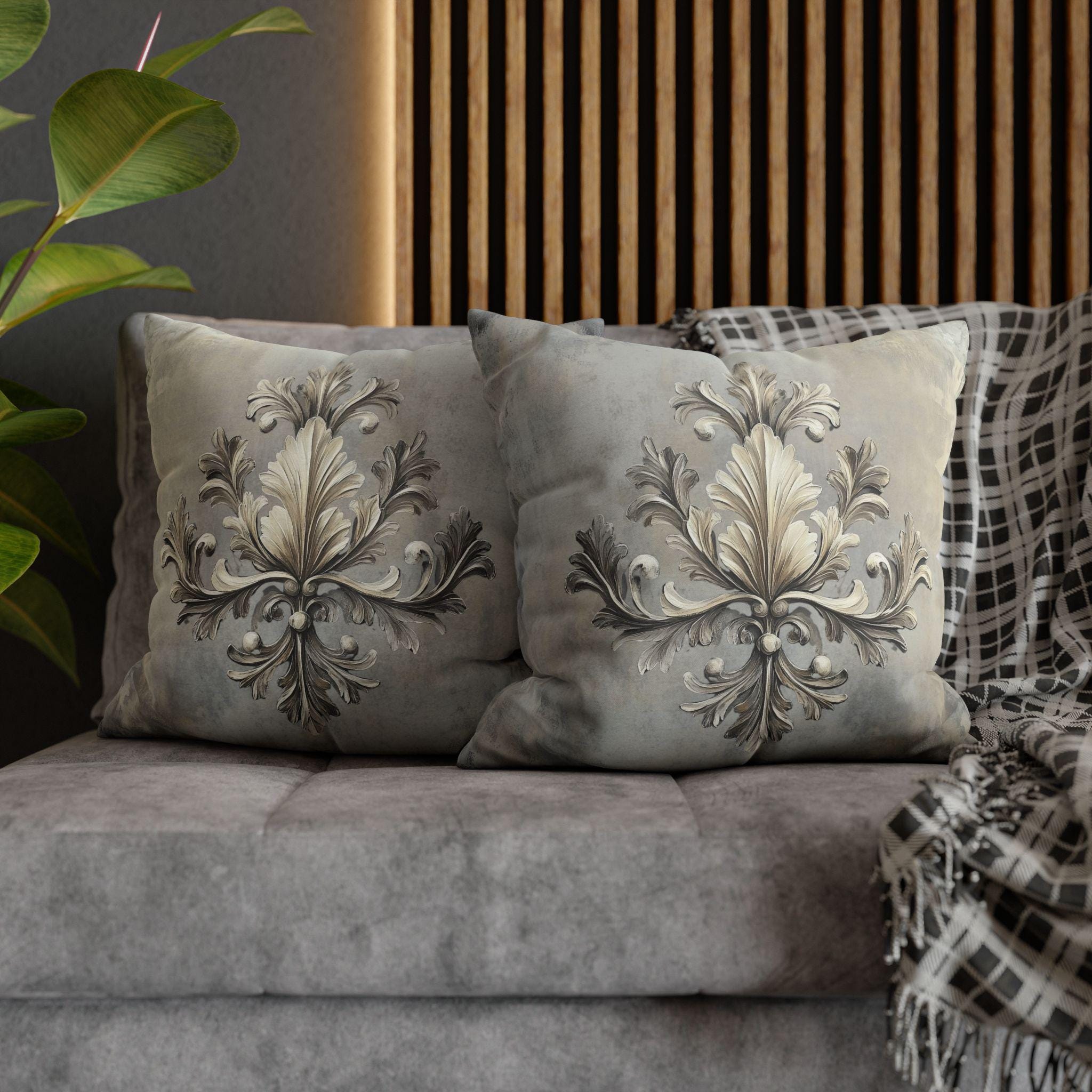 Rococo Acanthus Leaf Pillowcase, Elegant Beige Cream & Gray Classical European Art Inspired