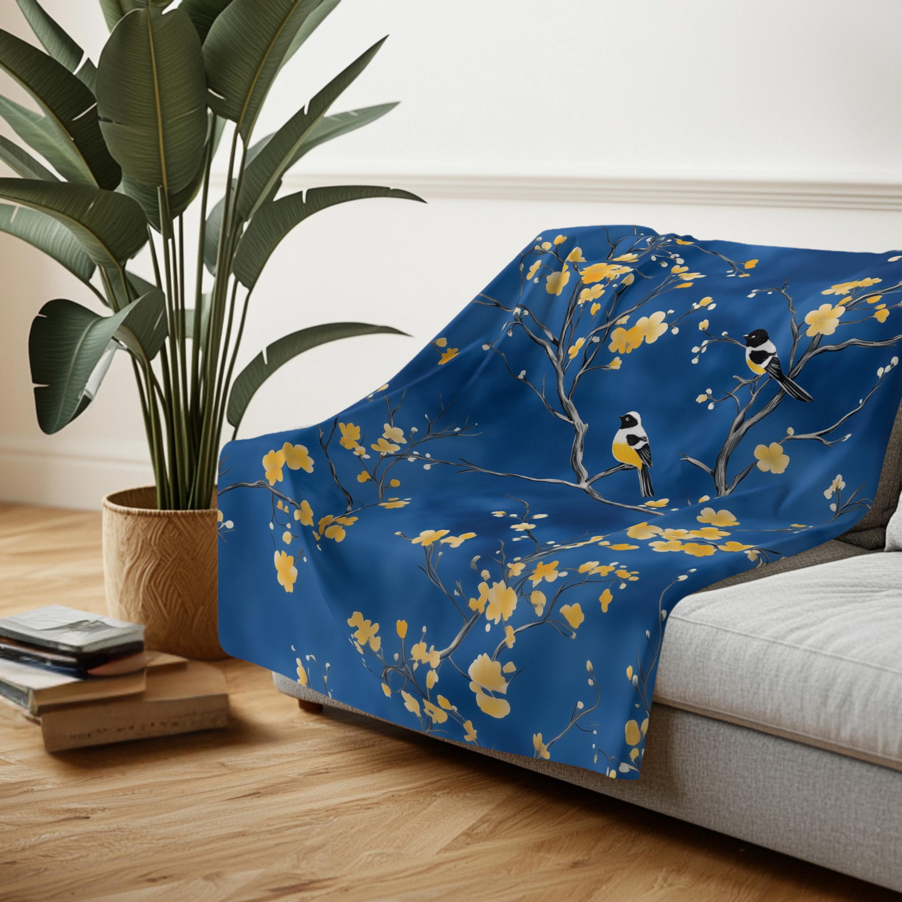 Royal Blue Chinoiserie Throw Blanket: Elegant, Asian-Inspired with Yellow Blossoms and Birds
