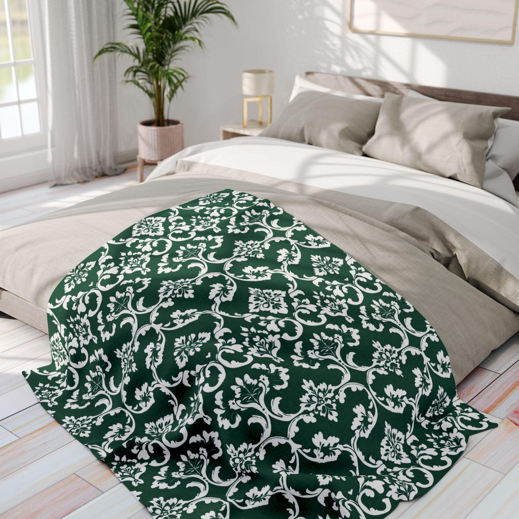 Kelly Green Damask Fleece Blanket: Elegant Floral Throw