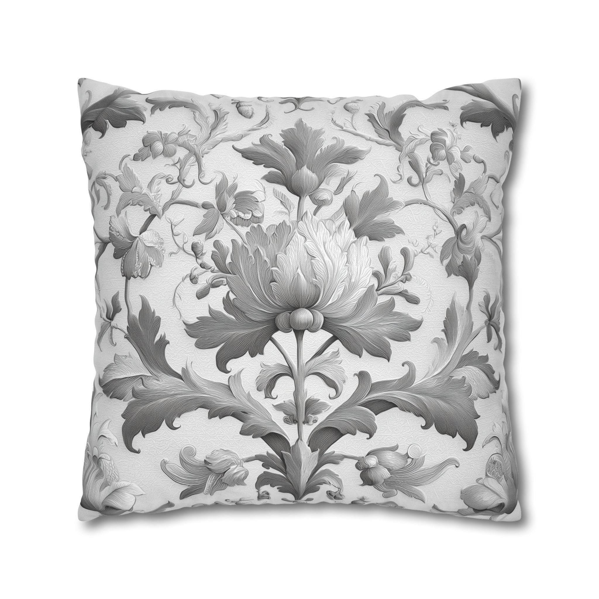 Jacobean Floral Pillow Cover: Gray & White Vintage Decor
