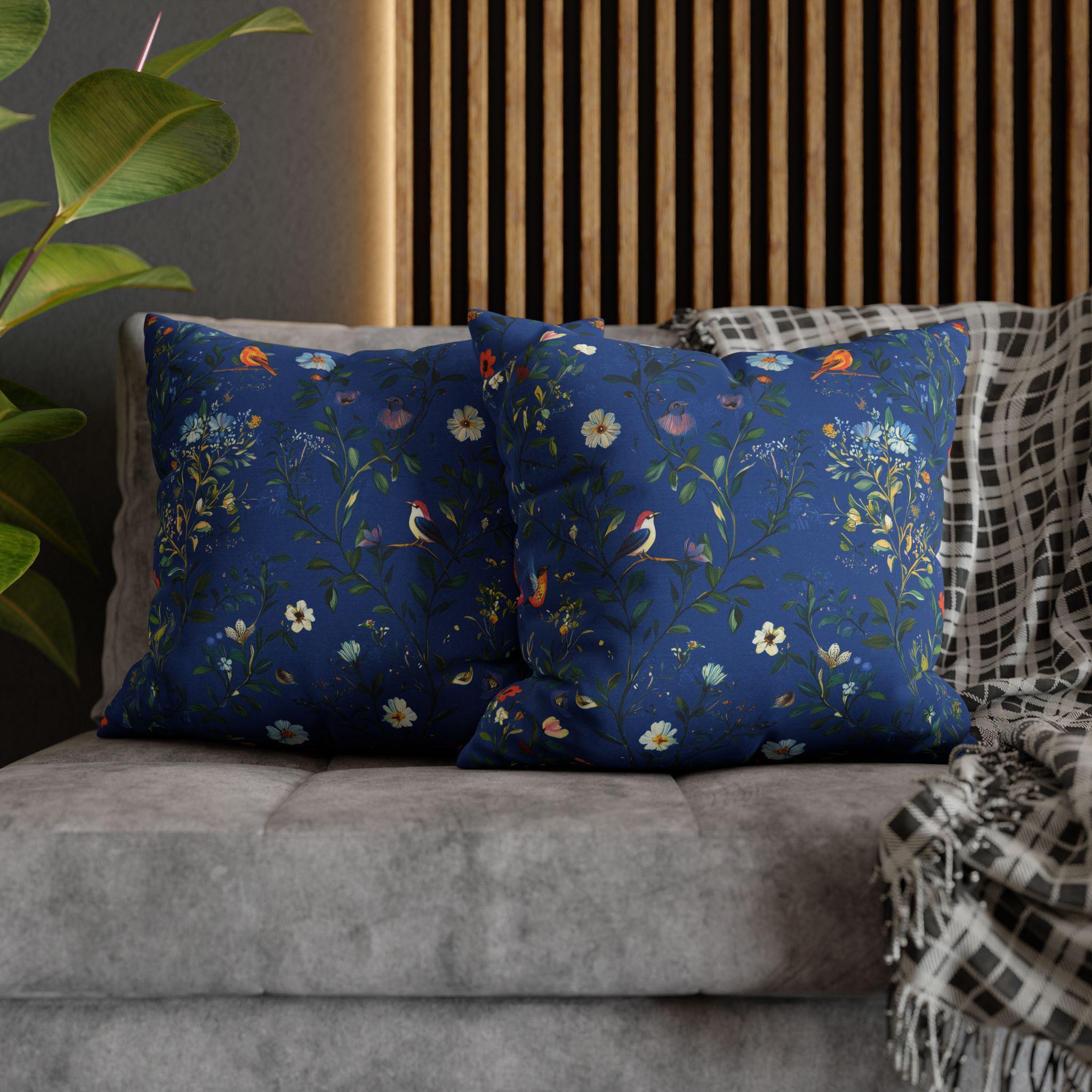 Elegant Navy Chinoiserie Bird Pillow Cover: Vintage-Inspired Garden Scene for Classic Home Decor