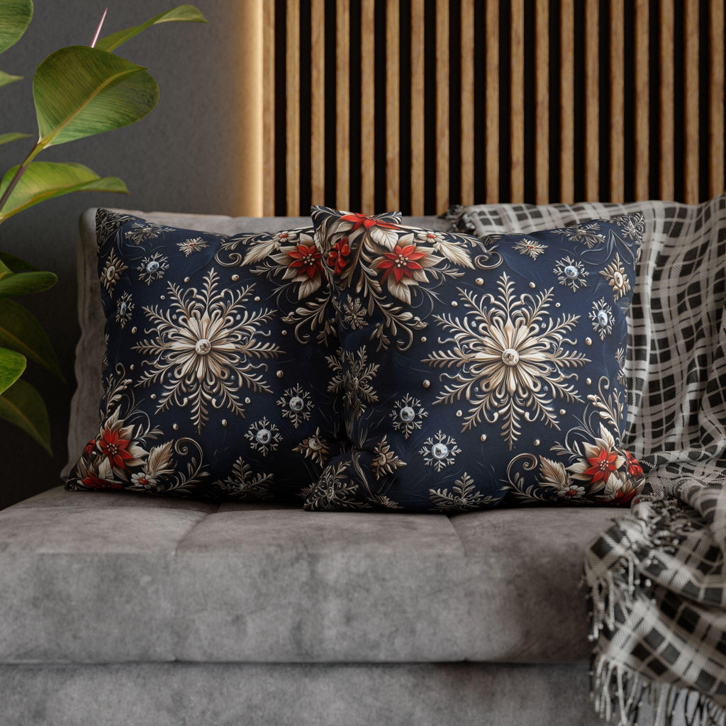 Snowflake Holiday Pillowcase, Silver, Gold  & Blue Christmas Decorative Throw Cushion Cover