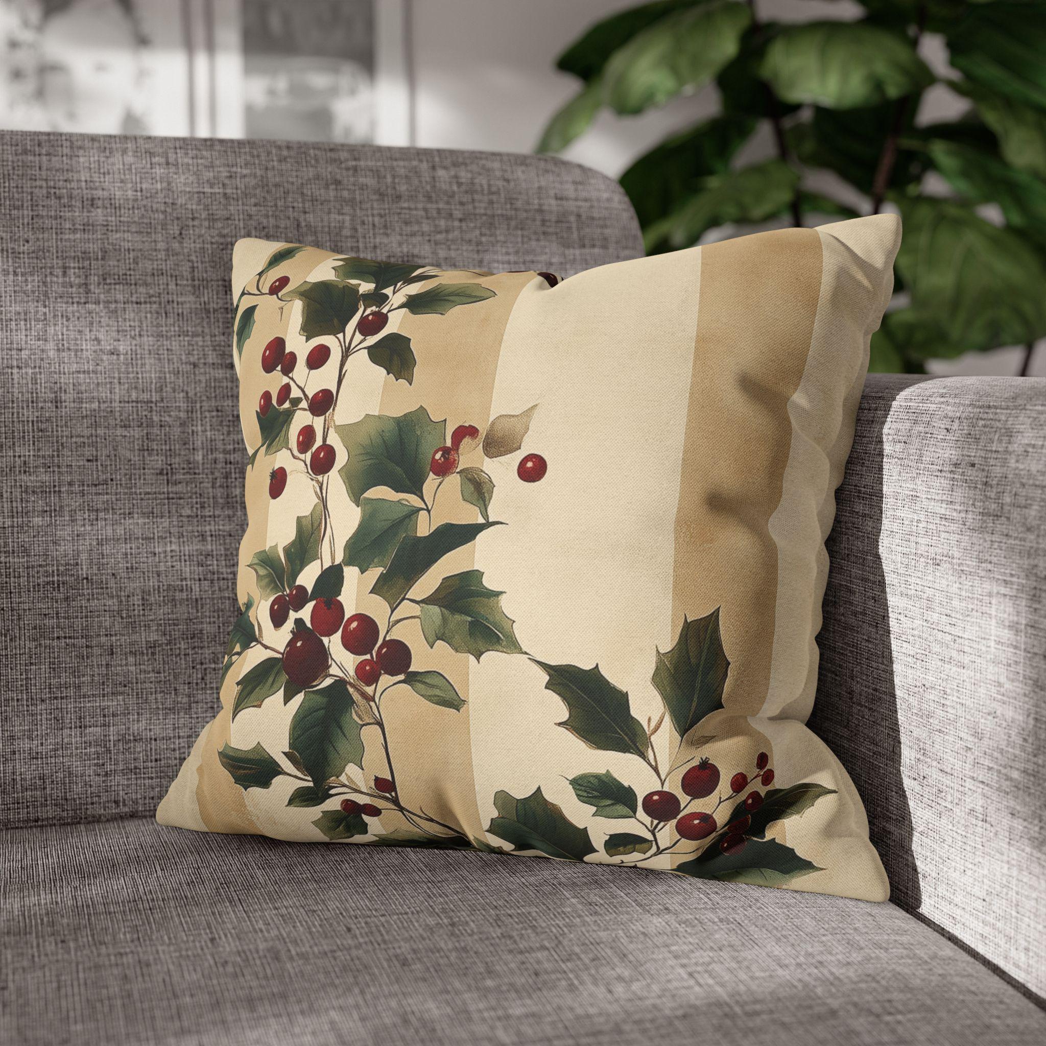 Vintage Style Holly & Stripes Pillow Cover: Classic Christmas Botanical Accent