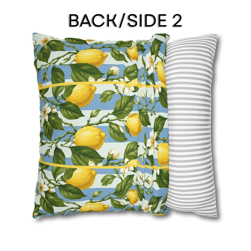 Lemon Soft Blue Stripe Pillow Cover: with Green Leaves and White Florals