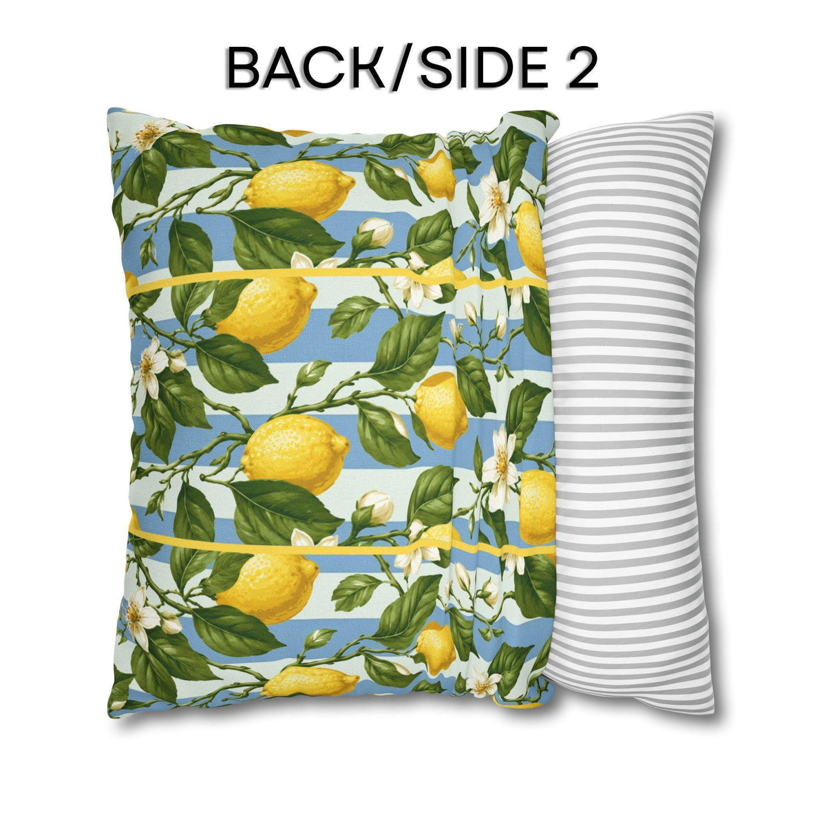 Lemon Soft Blue Stripe Pillow Cover: with Green Leaves and White Florals