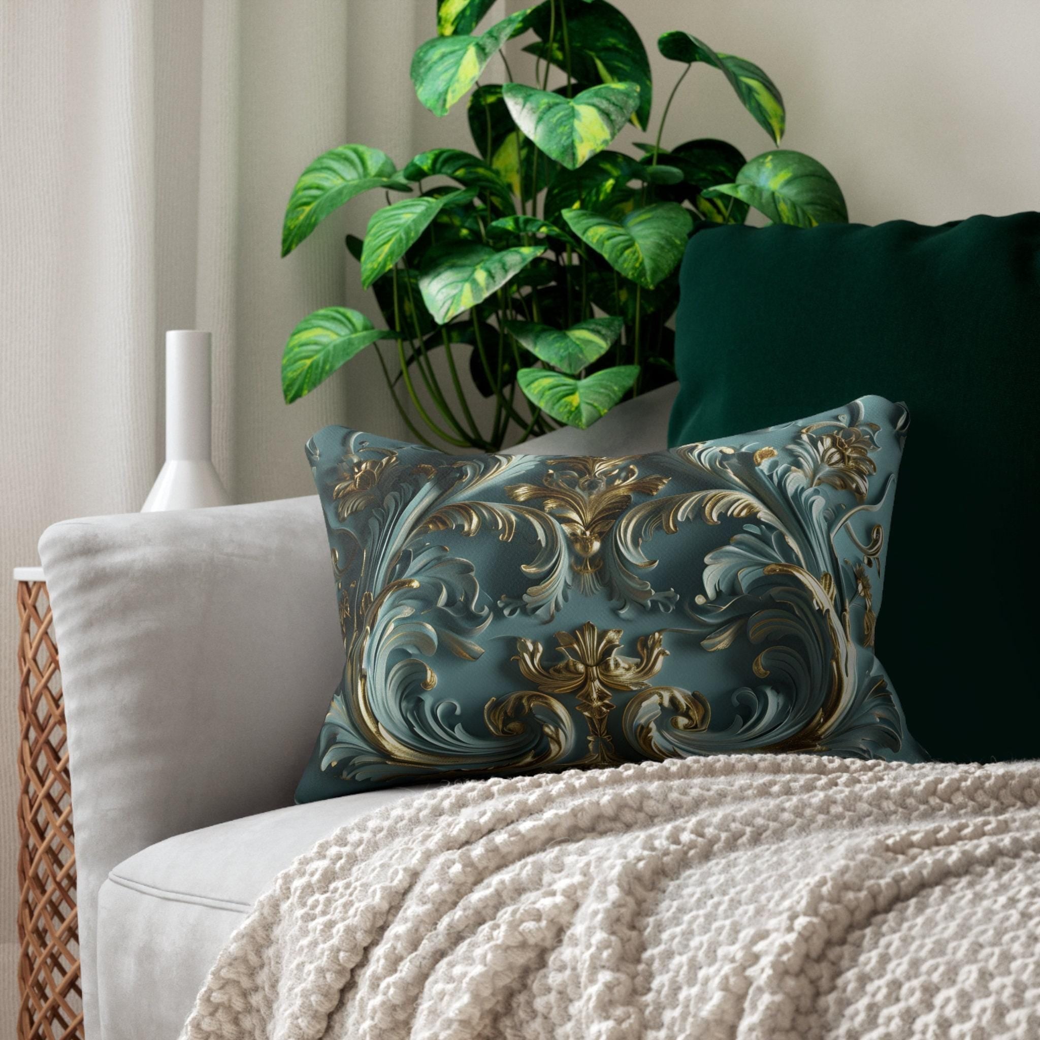 Luxurious Rococo Gold Scrollwork Lumbar Pillow: Ornate Acanthus Motifs on Teal Elegant 3D Design