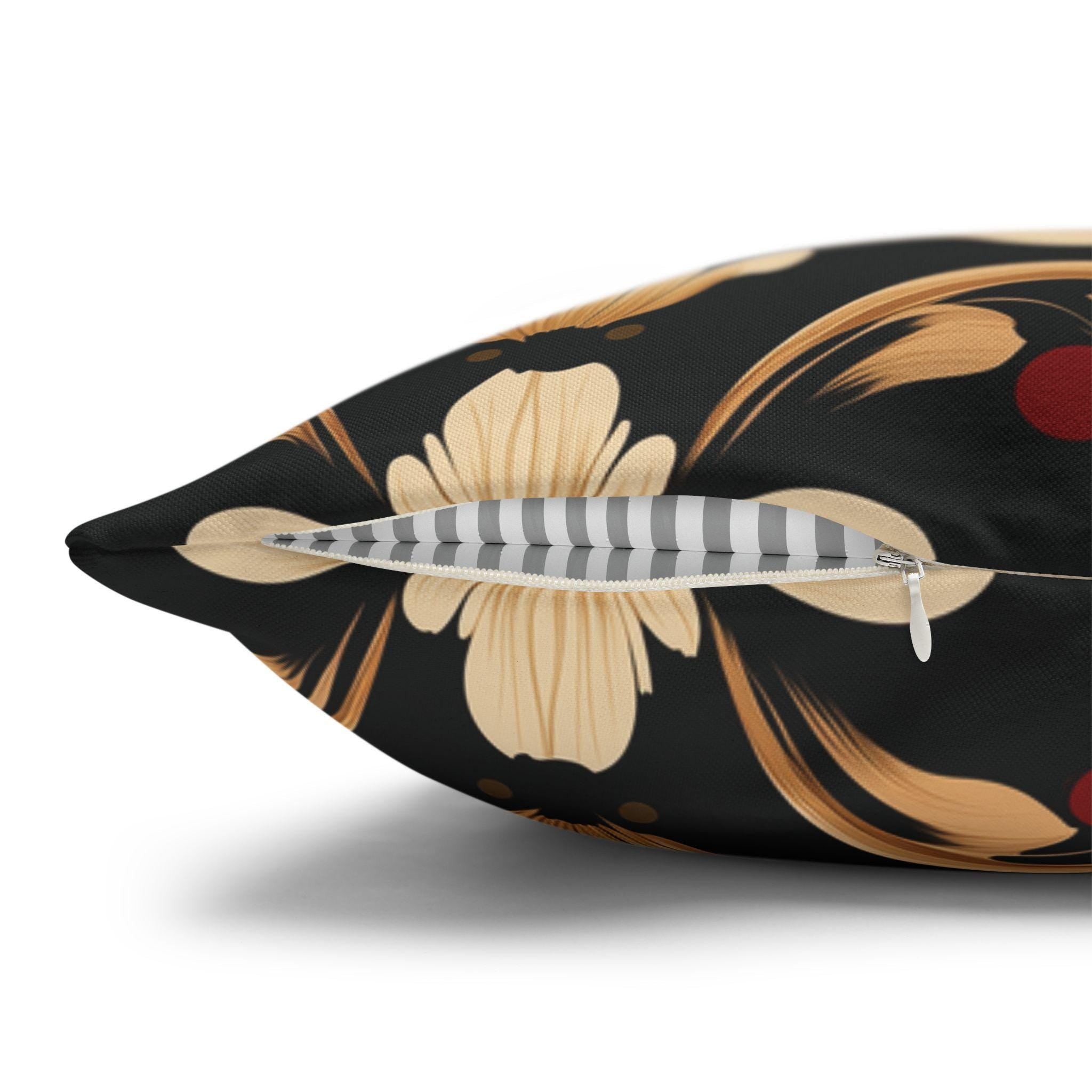 Vintage Style Floral Art Deco Throw Pillow Cover, Cream Red Gold