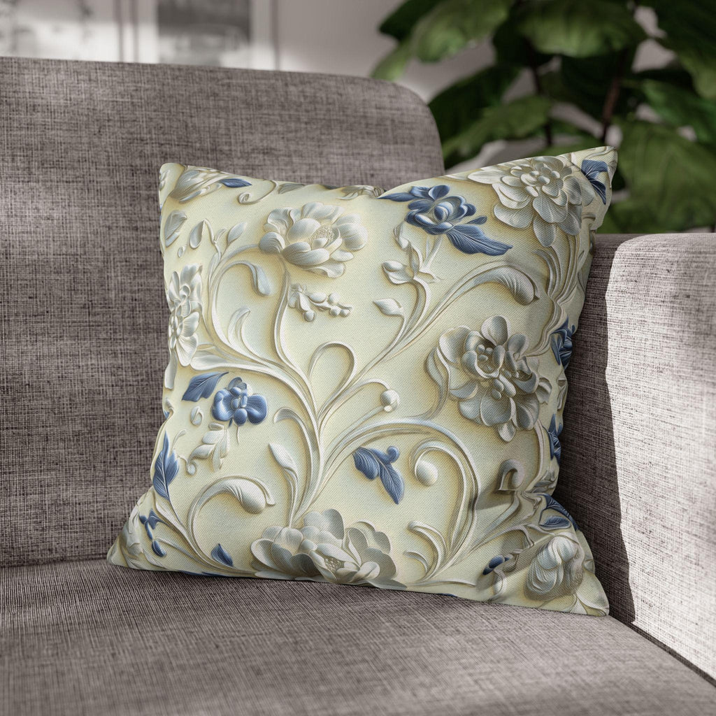 Elegant Chinoiserie Floral Pillowcase: Ivory & Blue Porcelain-Inspired Square Cover for Home Decor