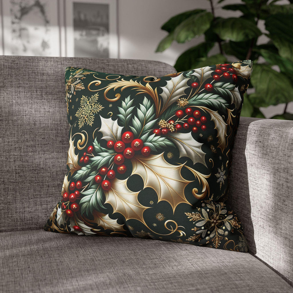 Elegant Emerald Pillow Cover: Golden Holly & Silver Snowflakes for Festive Holiday Decor