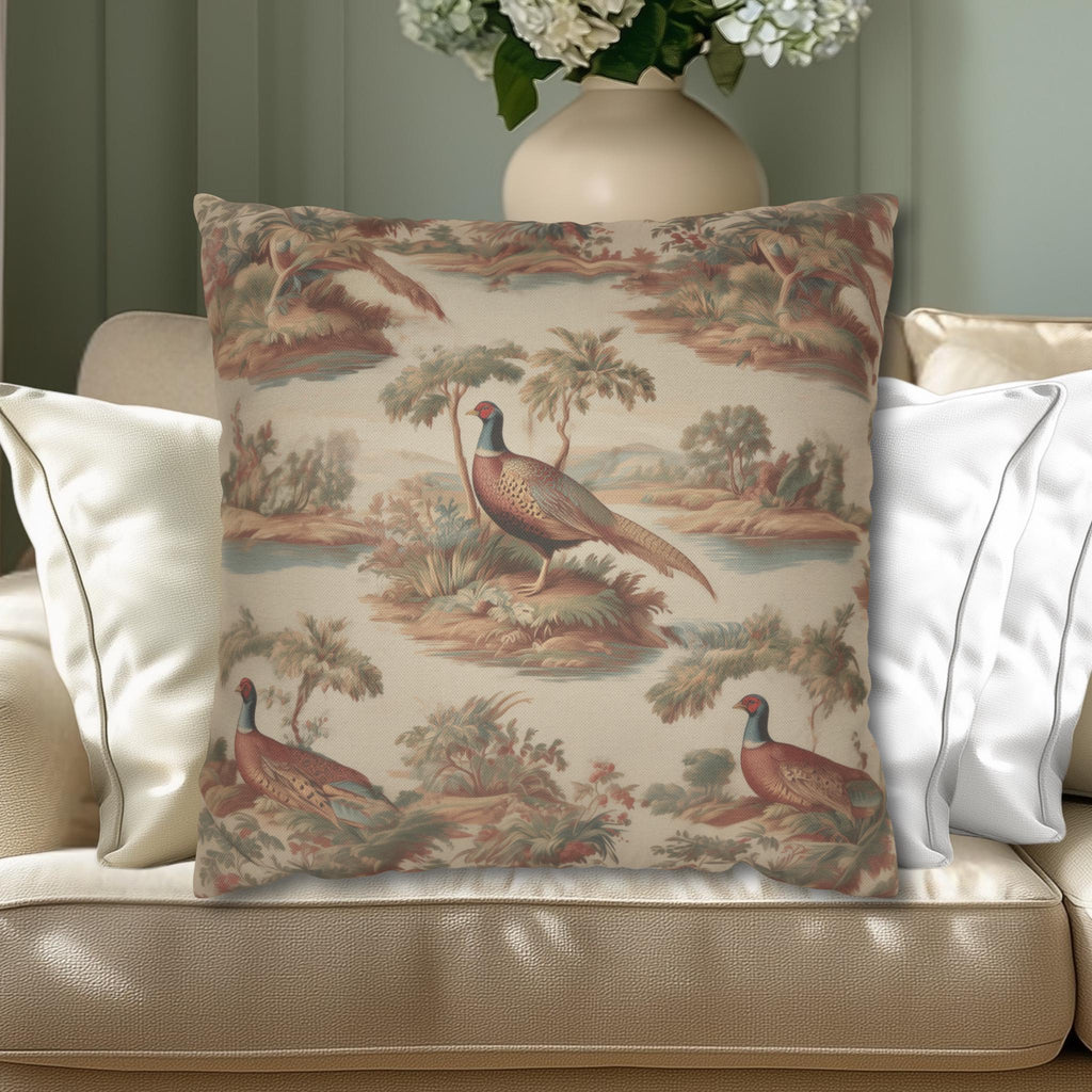 French Toile Pheasant Pillow Cover: Vintage Style Country Bird Scene