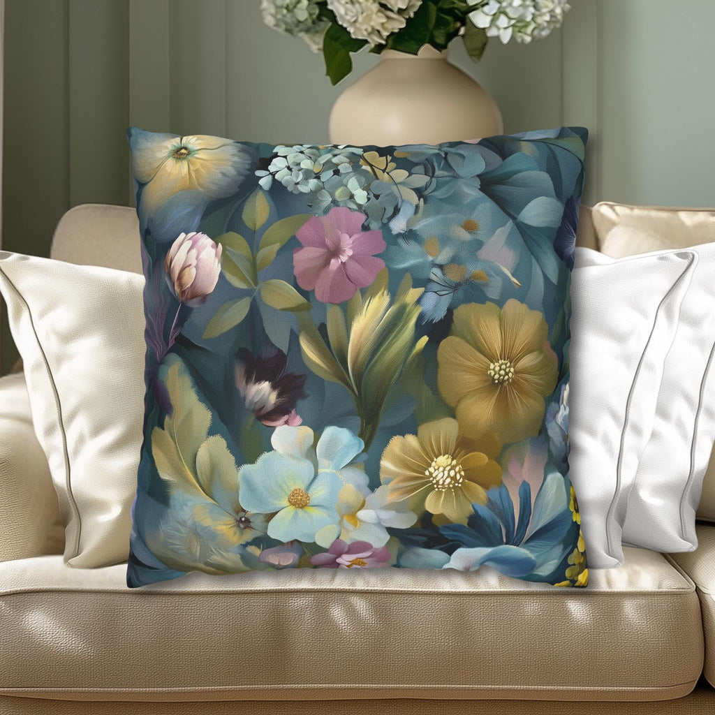Twilight Garden Floral Pillow Cover: Painterly Moody Botanicals in Dusky Blue